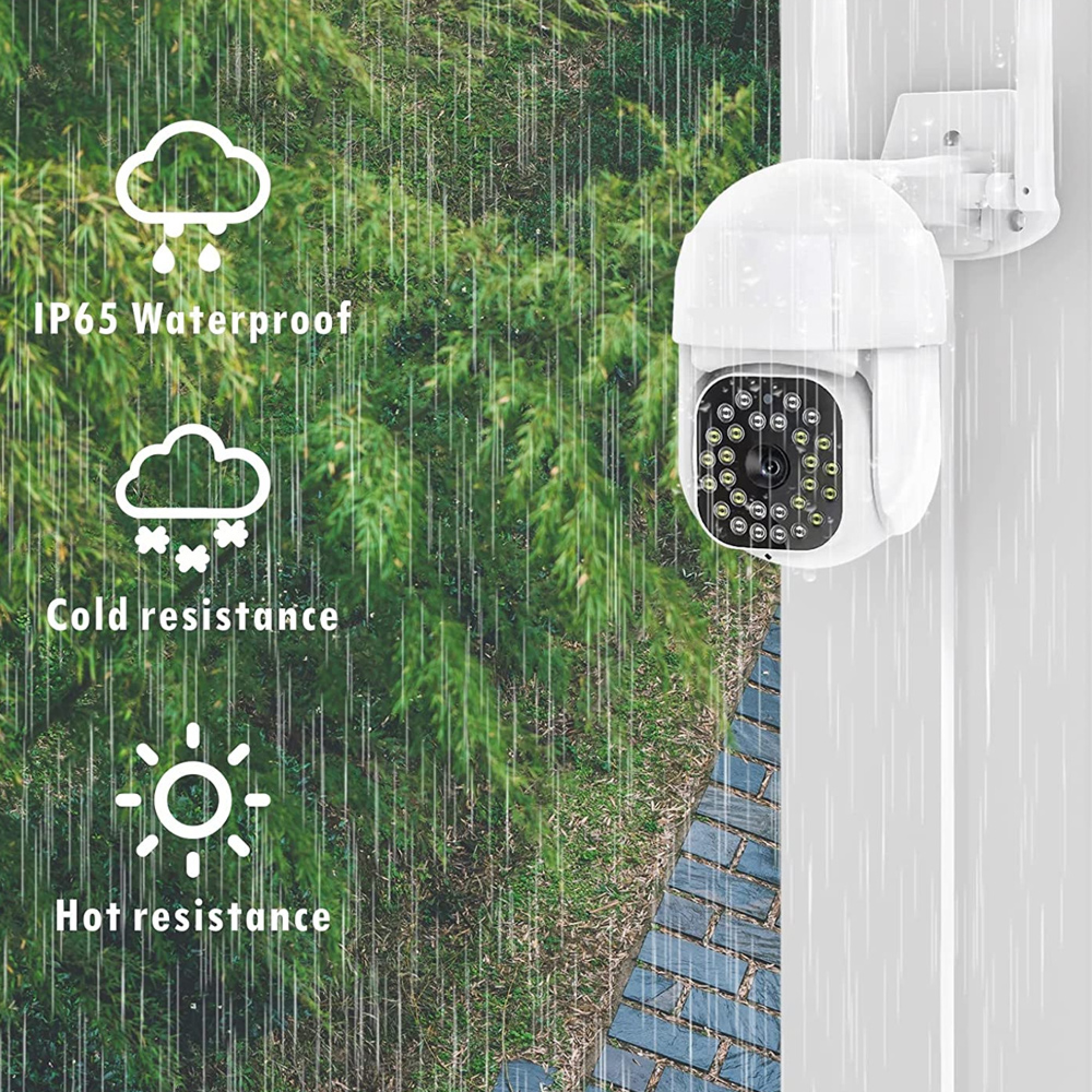 Weiße Überwachungskamera im Freien bei Regen, mit Symbolen für Wasserdichtigkeit.
