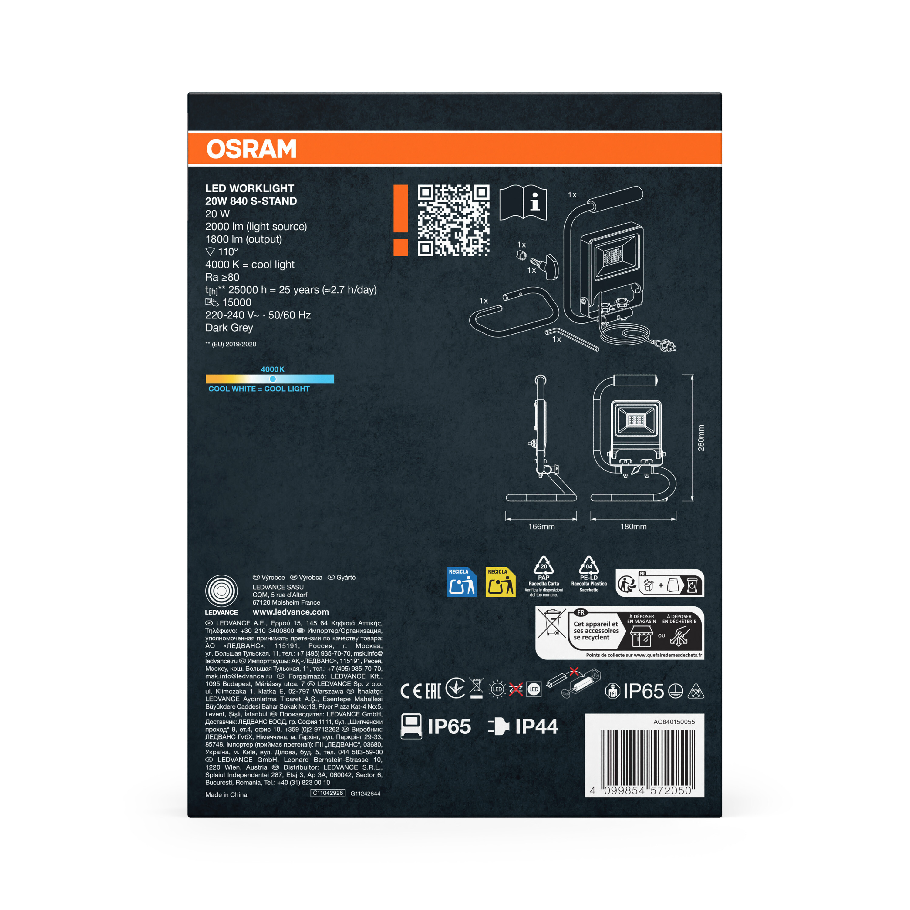 OSRAM LED Arbeitsleuchte 20W, 1800 lm, dunkelgrau, mit Standfuß und Kabel.