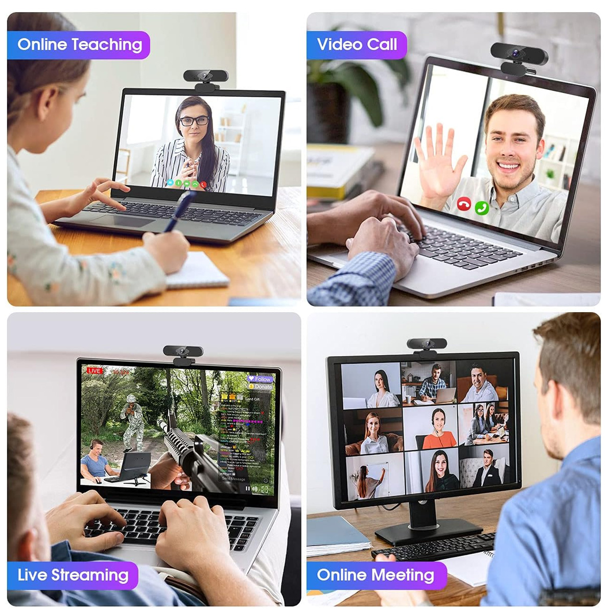 Vier Szenen: Online-Unterricht, Videoanruf, Live-Streaming, Online-Meeting.