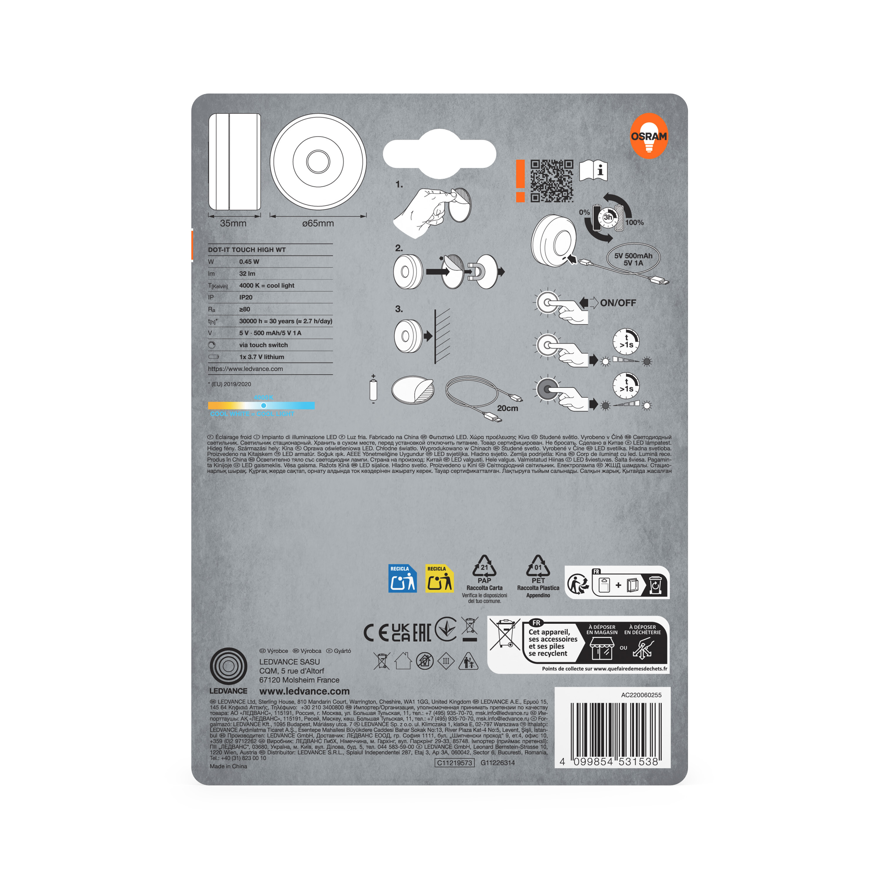 Osram DOT-IT TOUCH HIGH WT LED-Leuchte mit Touch-Schalter und USB-Ladekabel.