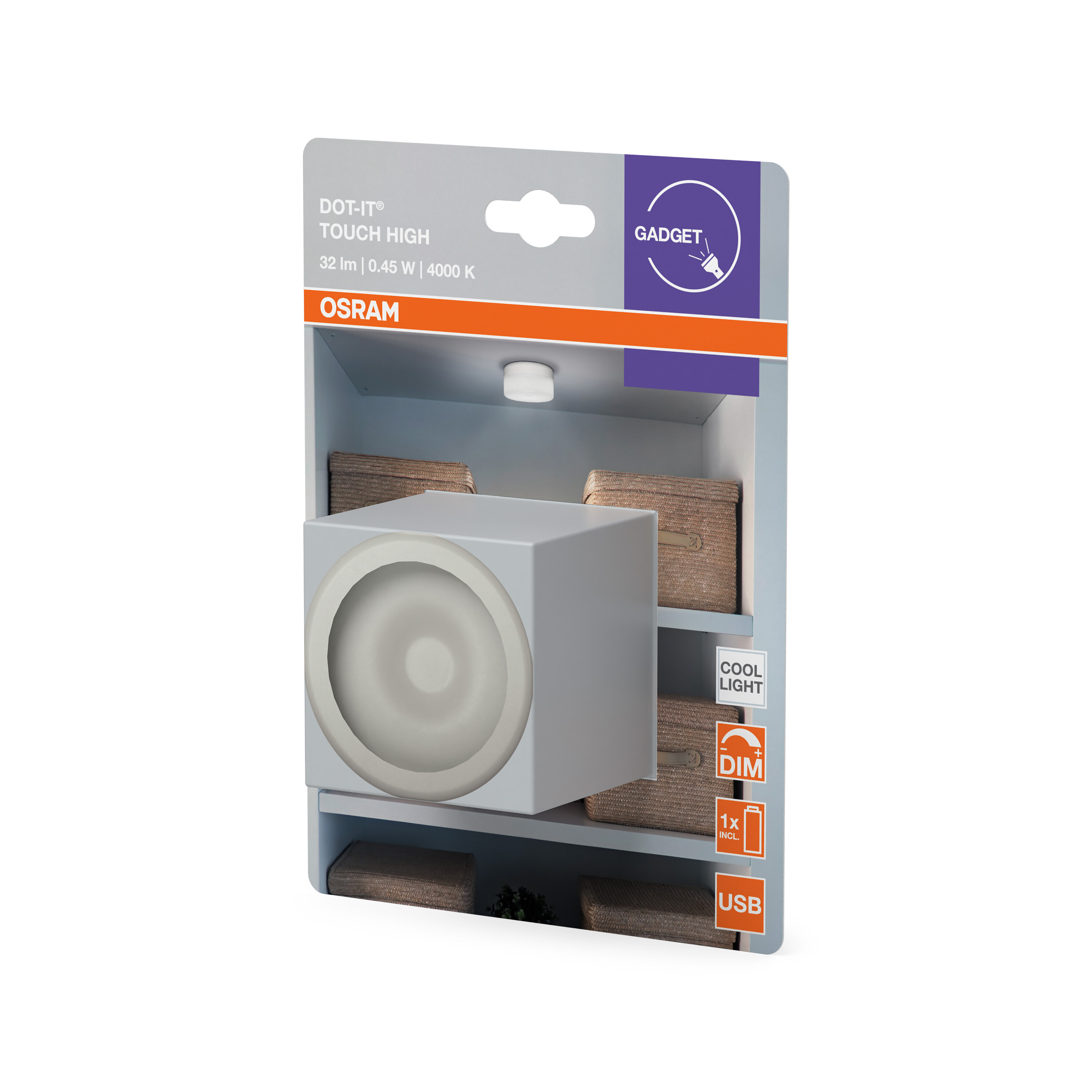 Verpackung für eine OSRAM DOT-IT Touch High Leuchte mit USB-Anschluss.