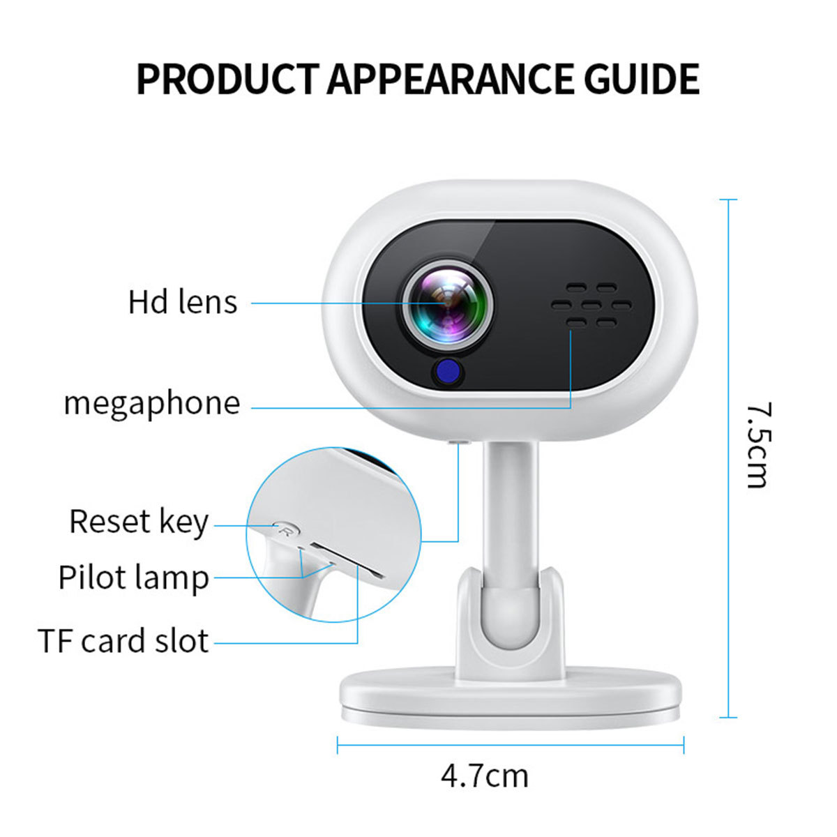 Produkterscheinungsleitfaden für eine weiße Kamera mit HD-Objektiv, Megafon, Reset-Taste, Pilotlampe und TF-Kartenslot.
