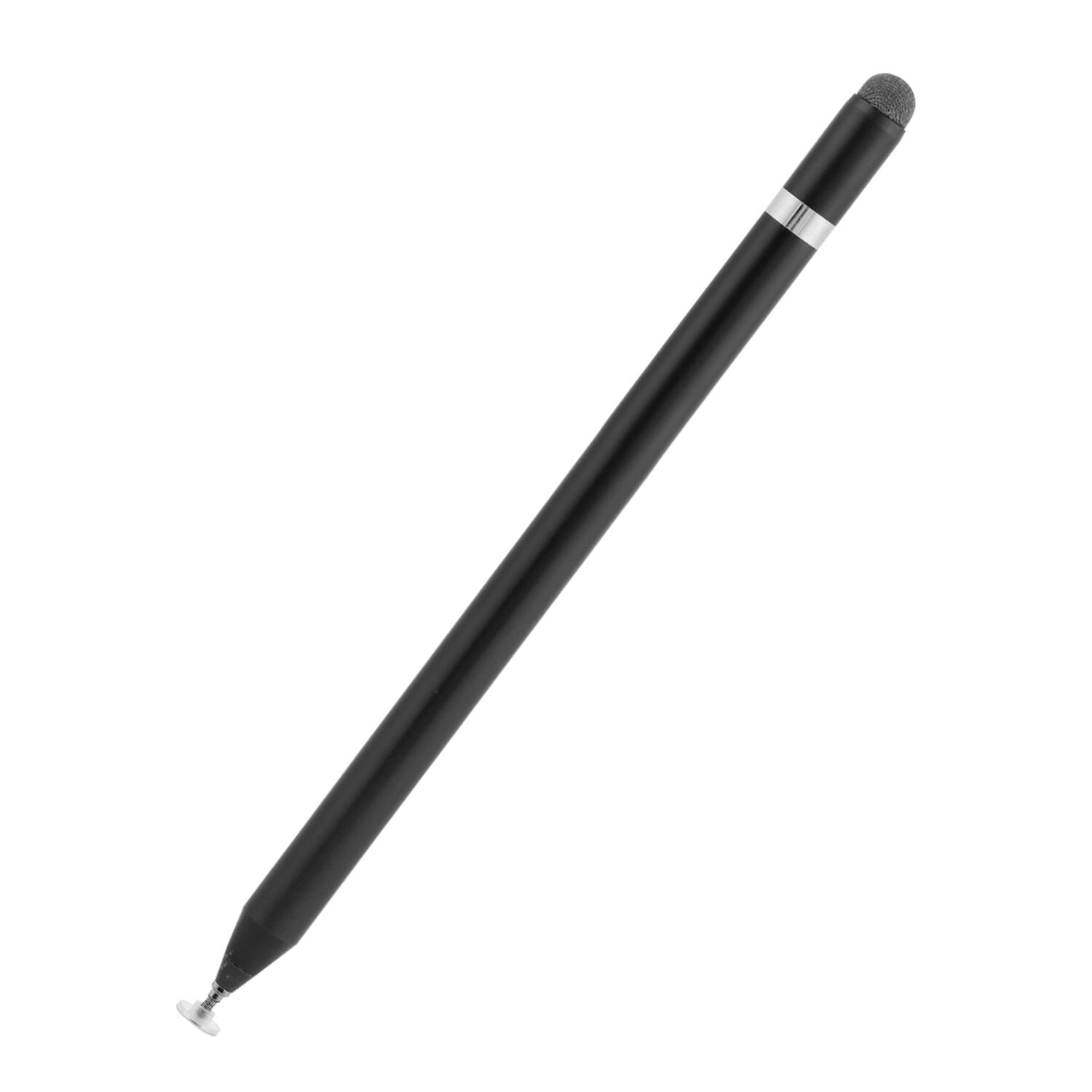 Ein schwarzer Touchscreen-Stift mit silbernem Ring liegt diagonal auf weißem Hintergrund.