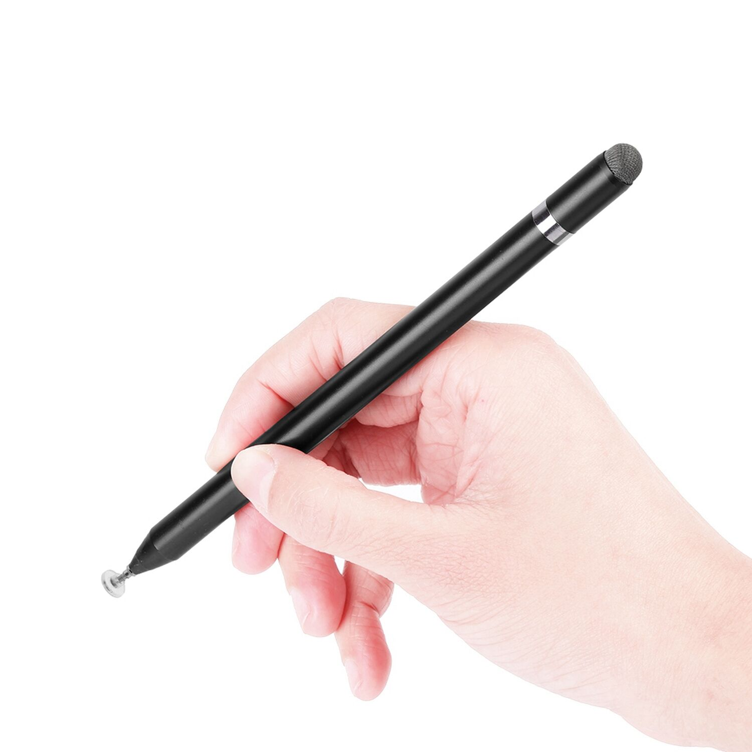 Eine Hand hält einen schwarzen Stylus-Stift mit einer grauen Spitze und einem kleinen Saugnapf.