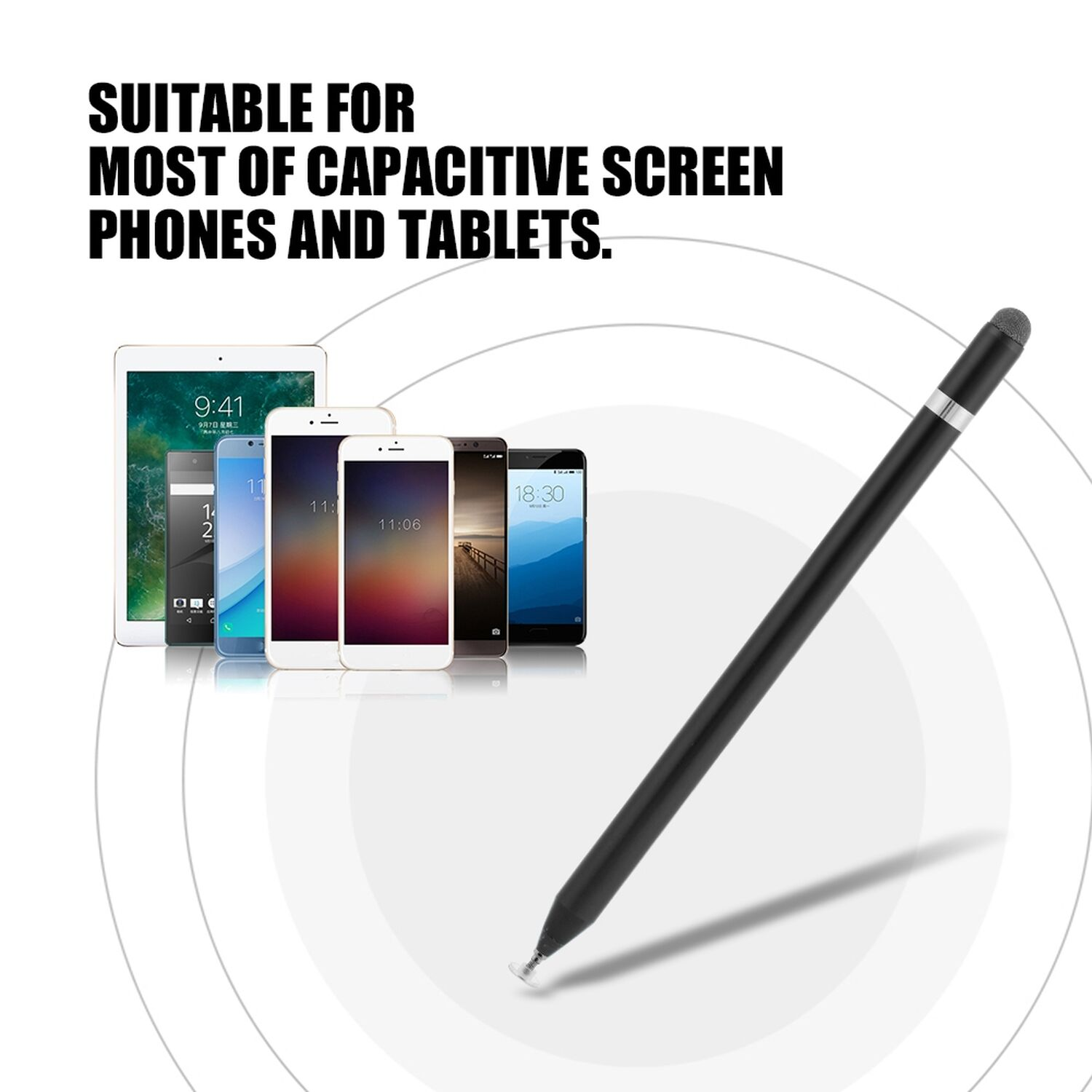 Ein schwarzer Stift liegt neben vielen Smartphones und Tablets.