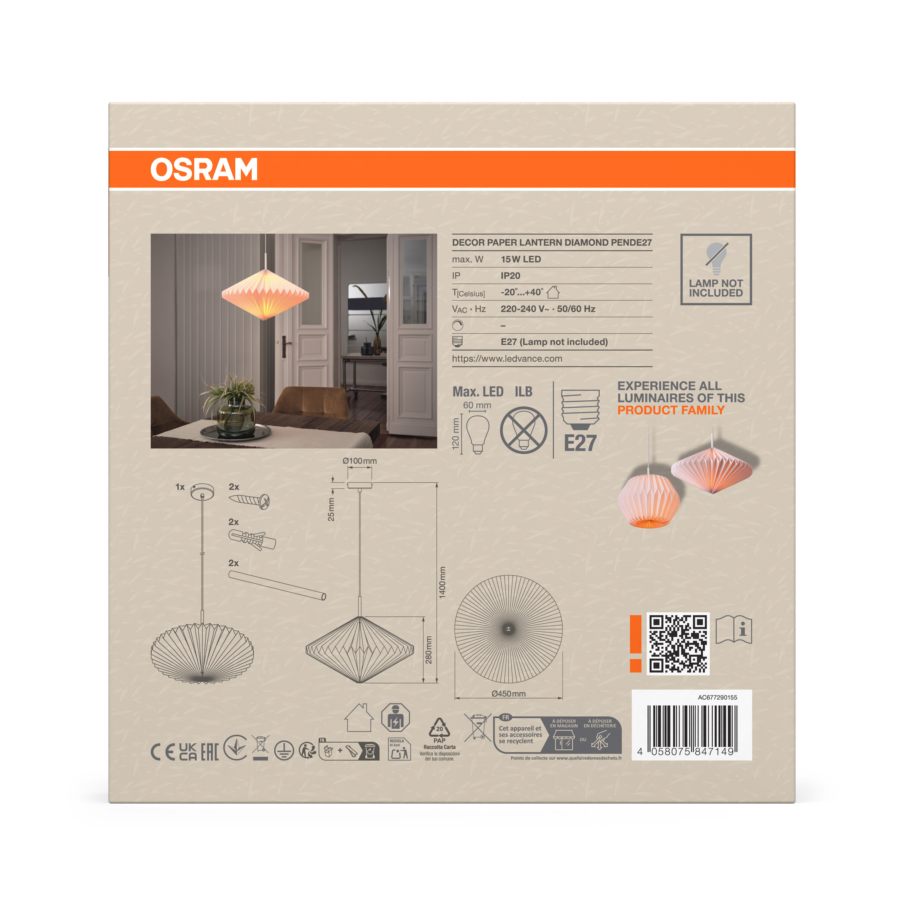 OSRAM-Verpackung mit Produktinformationen, technischen Daten und Montageanleitung.