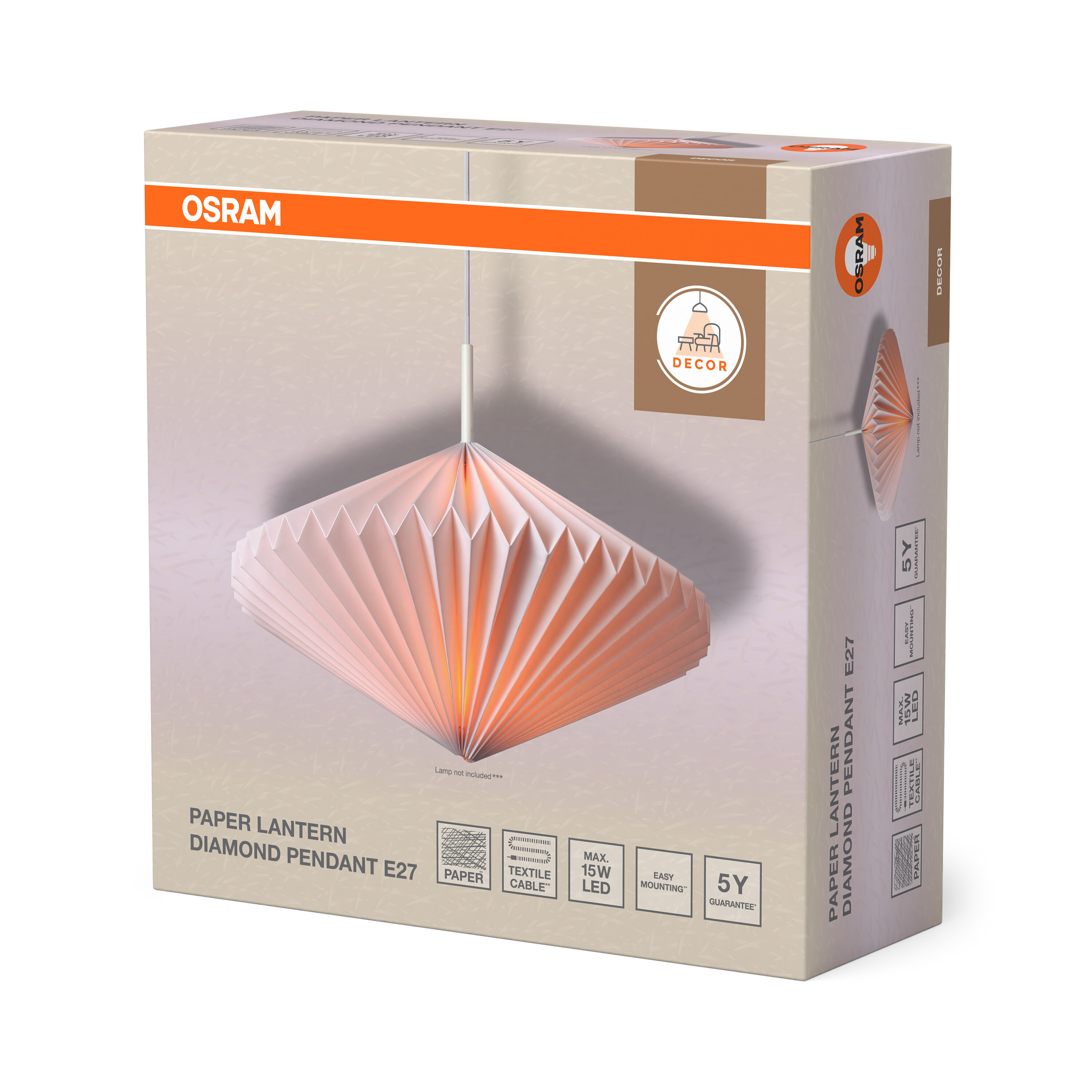 Osram Papierlaterne Diamond Pendelleuchte E27, rosa gefaltet.