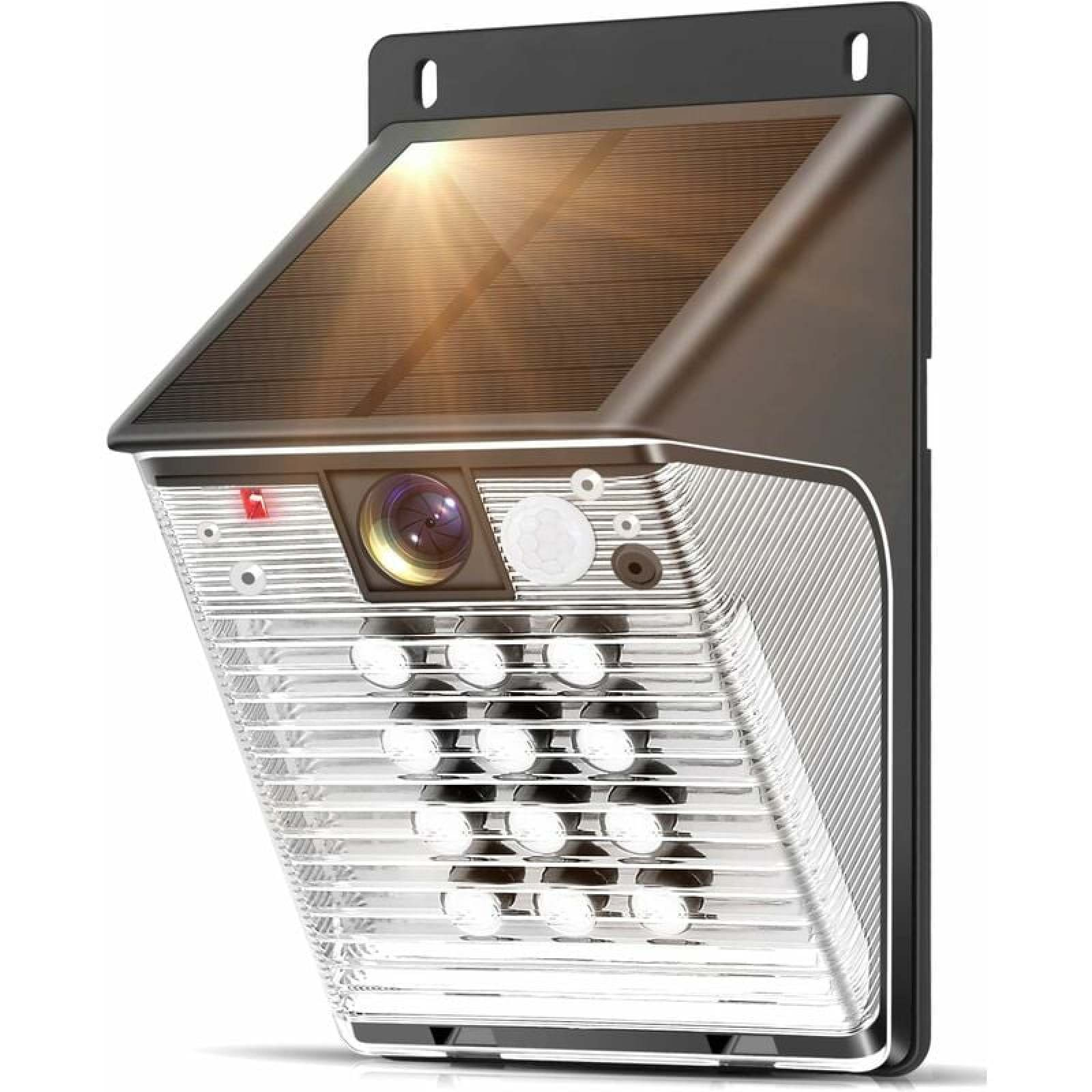 Solar-Außenleuchte mit Kamera, Bewegungsmelder und LEDs.