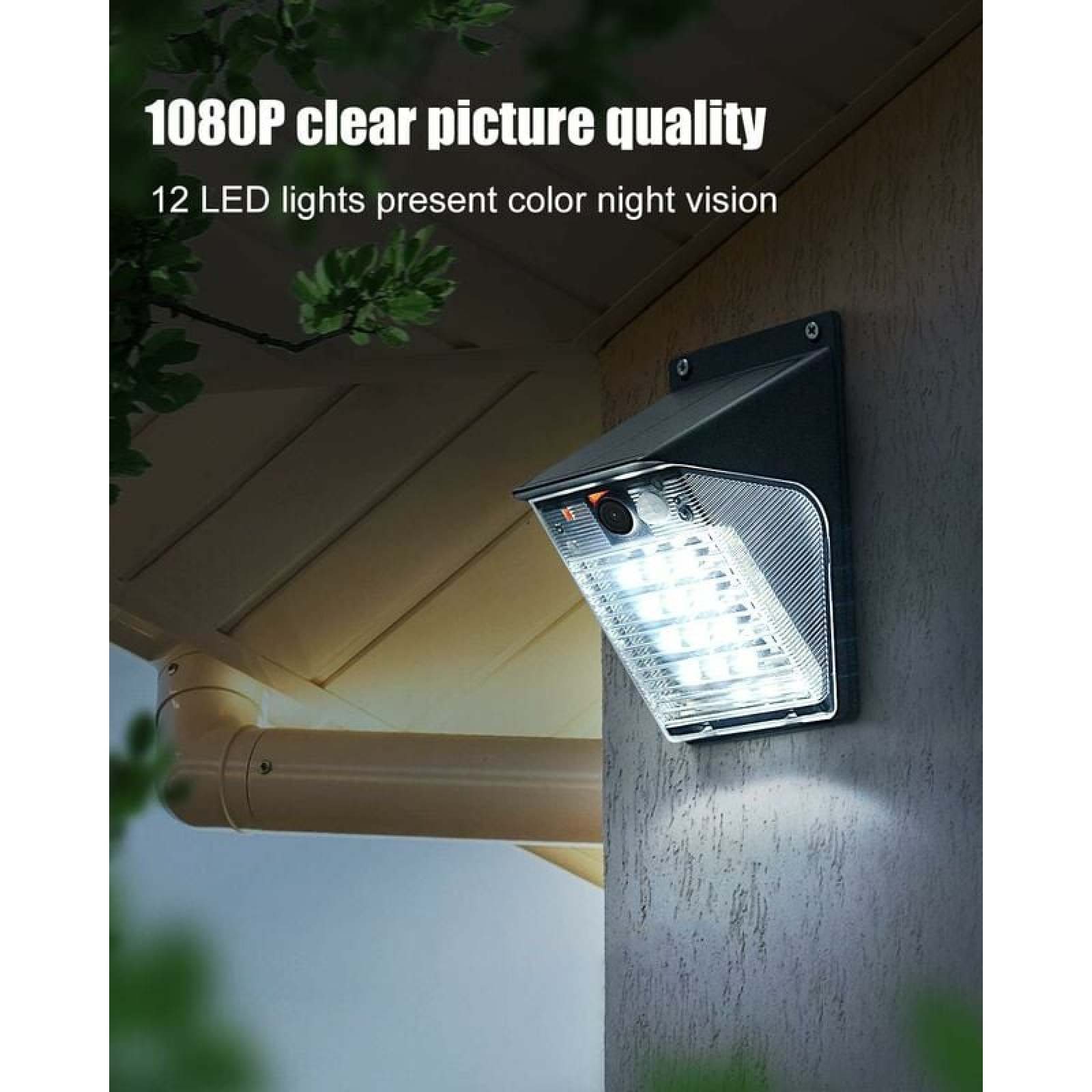 Solarleuchte mit 12 LEDs und Kamera an einer Hauswand neben Dachrinne.