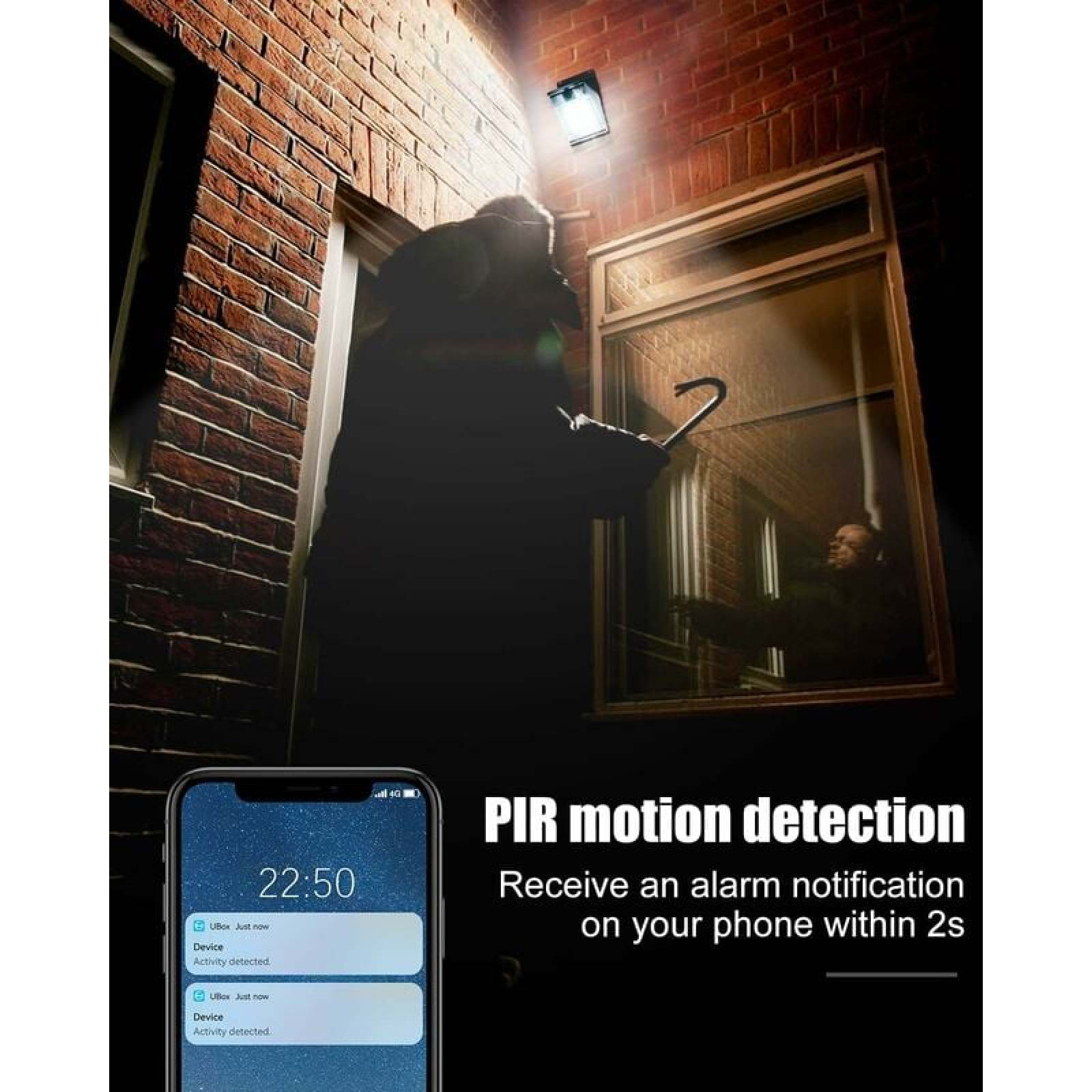 Einbrecher mit Brecheisen vor Tür, Handy zeigt Alarm an.