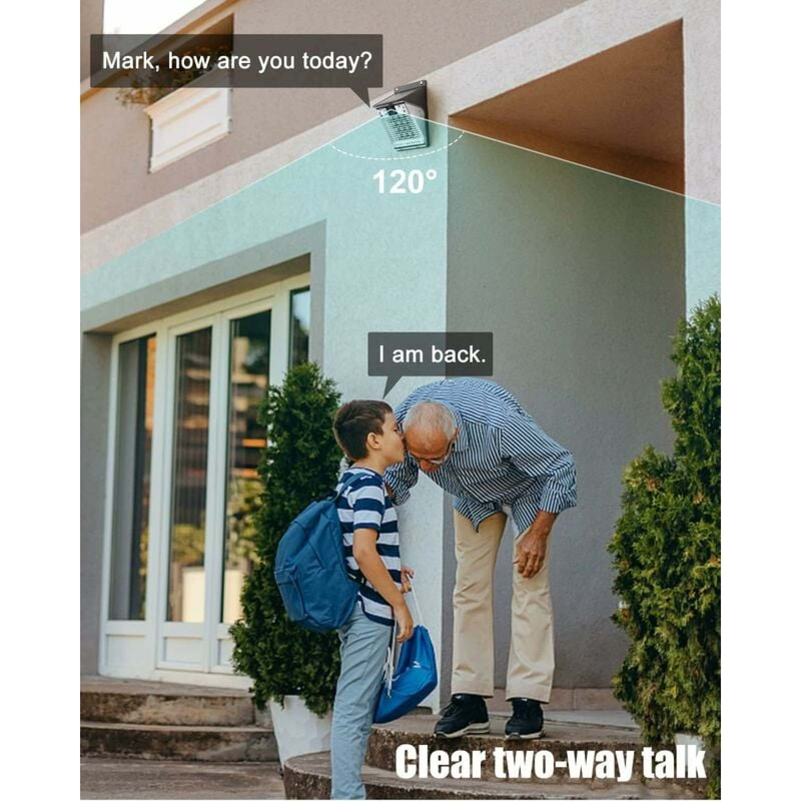 Mann und Junge sprechen vor dem Haus, 120° Winkel.