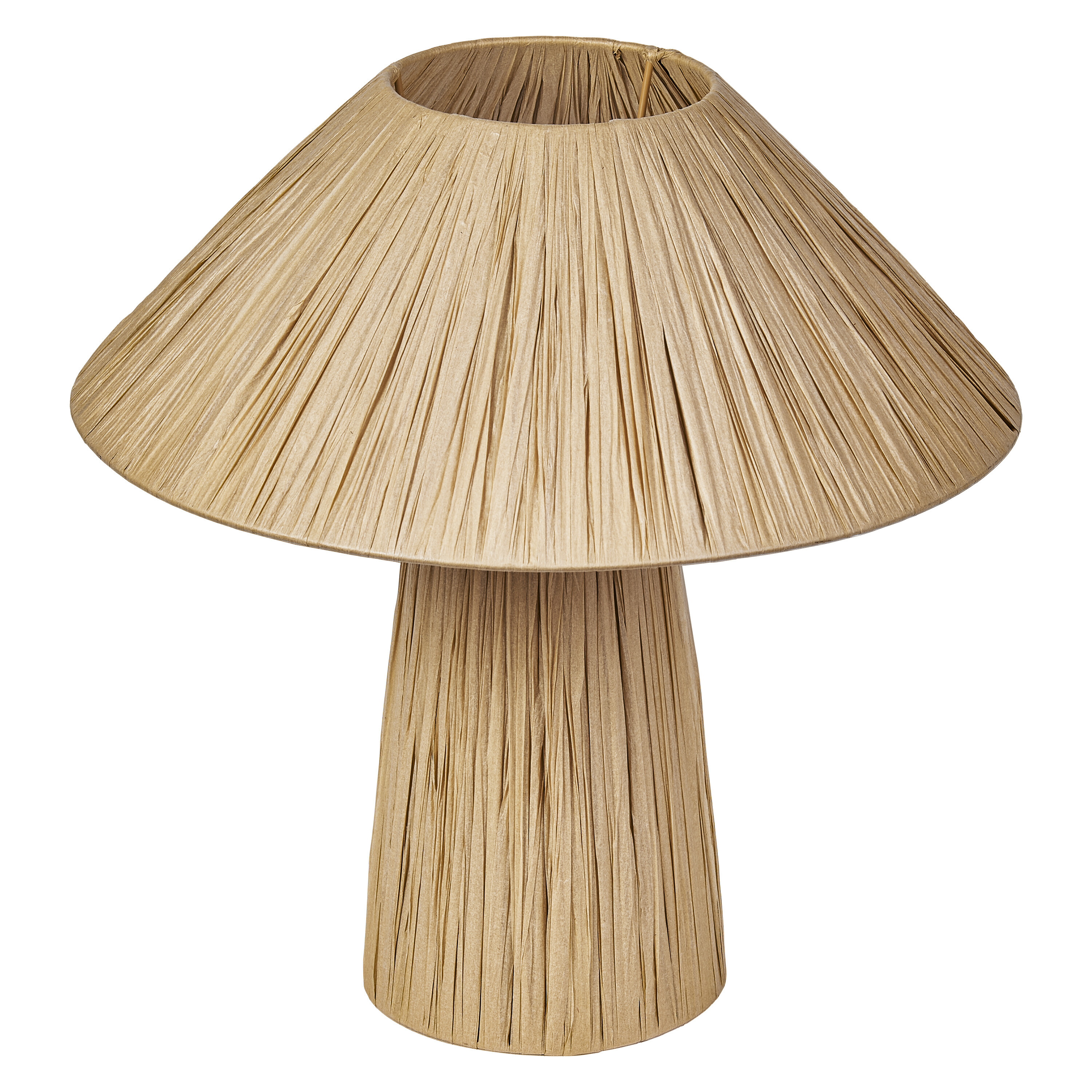 Eine beige Lampe mit einem kegelförmigen Lampenschirm aus Papier.