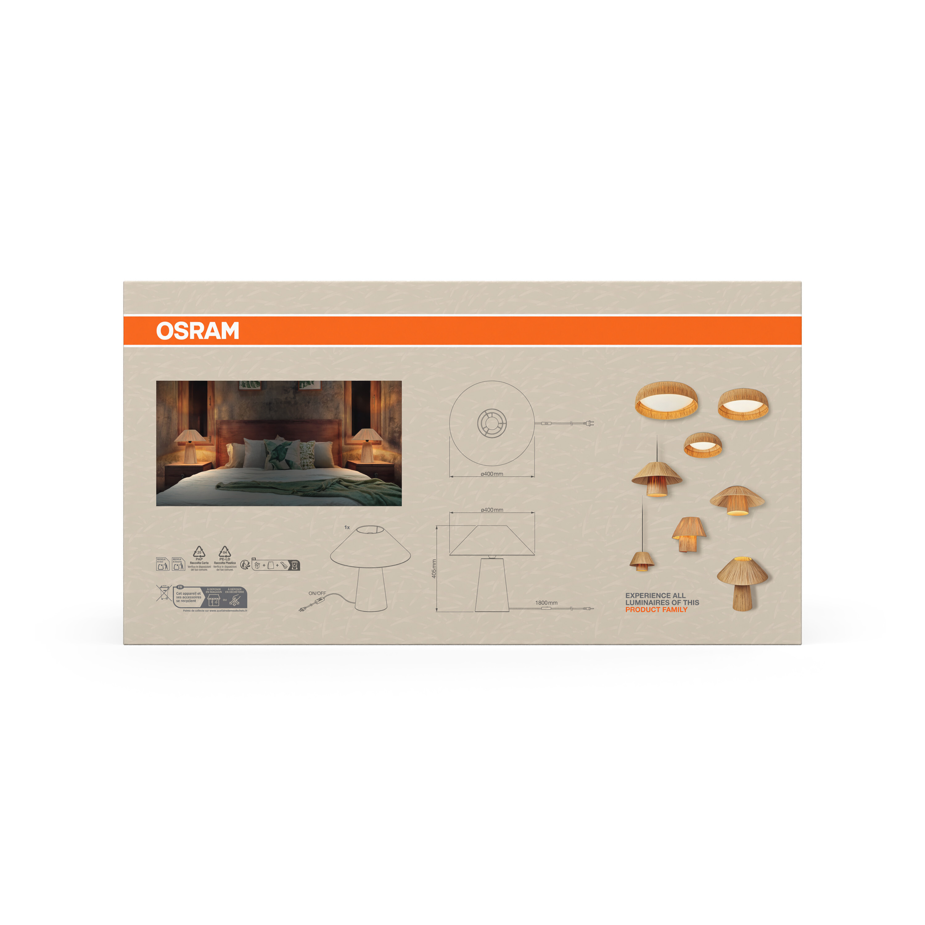 OSRAM-Produktverpackung mit Bildern von Lampen und technischen Zeichnungen.