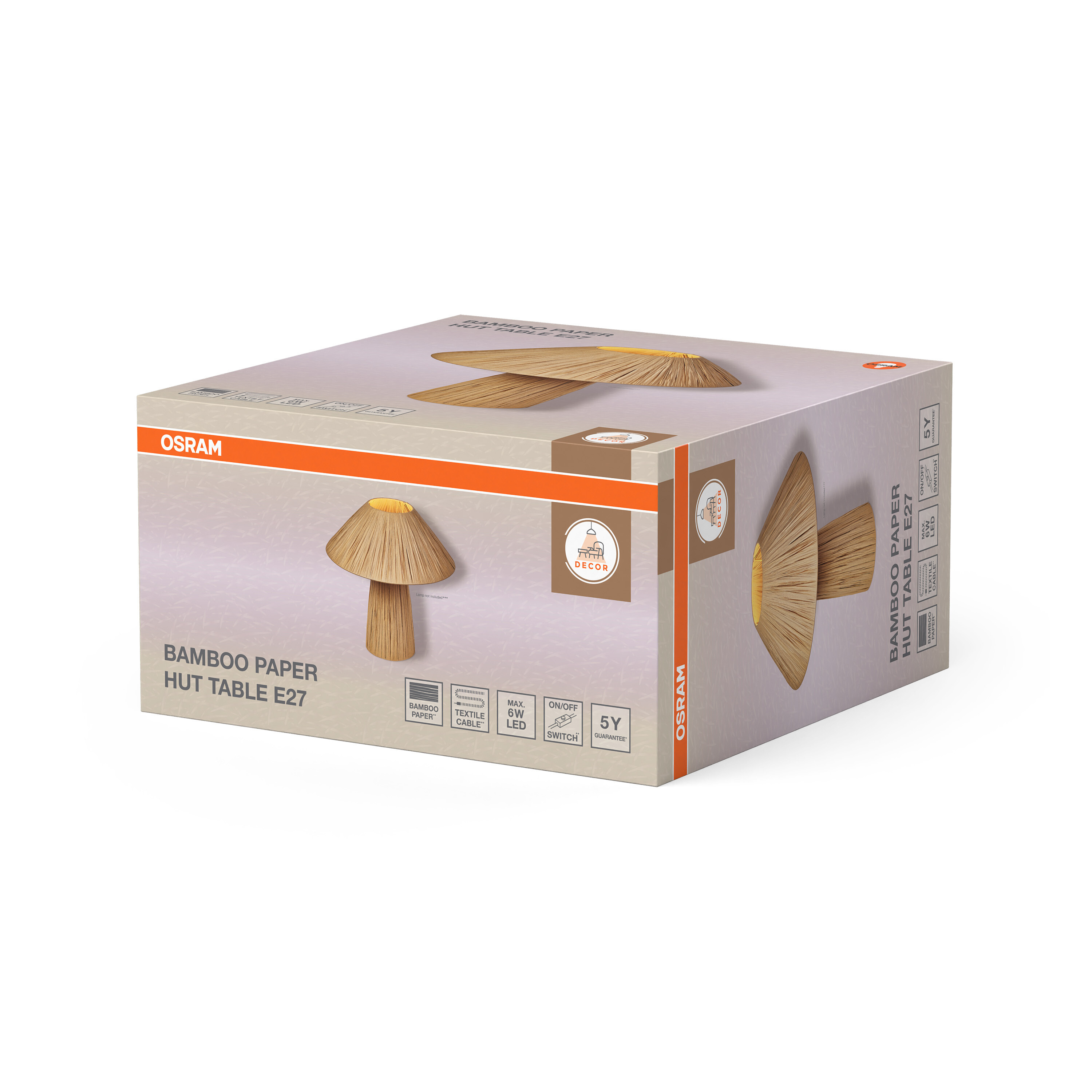 Verpackung für eine Osram Bambuspapier Hut Tischlampe mit E27-Fassung.