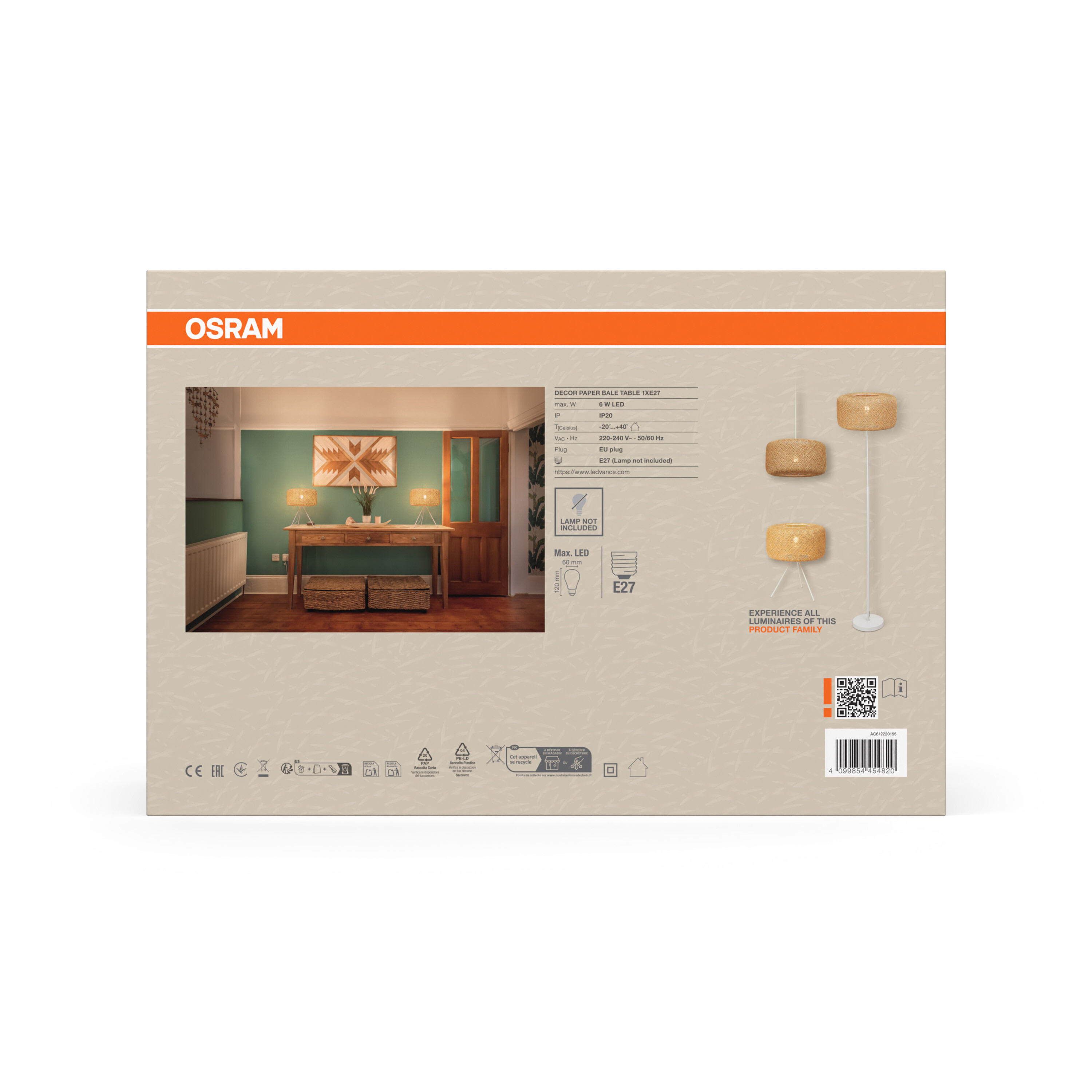 Osram Tischleuchte mit geflochtenem Lampenschirm. Info-Kasten mit Details.