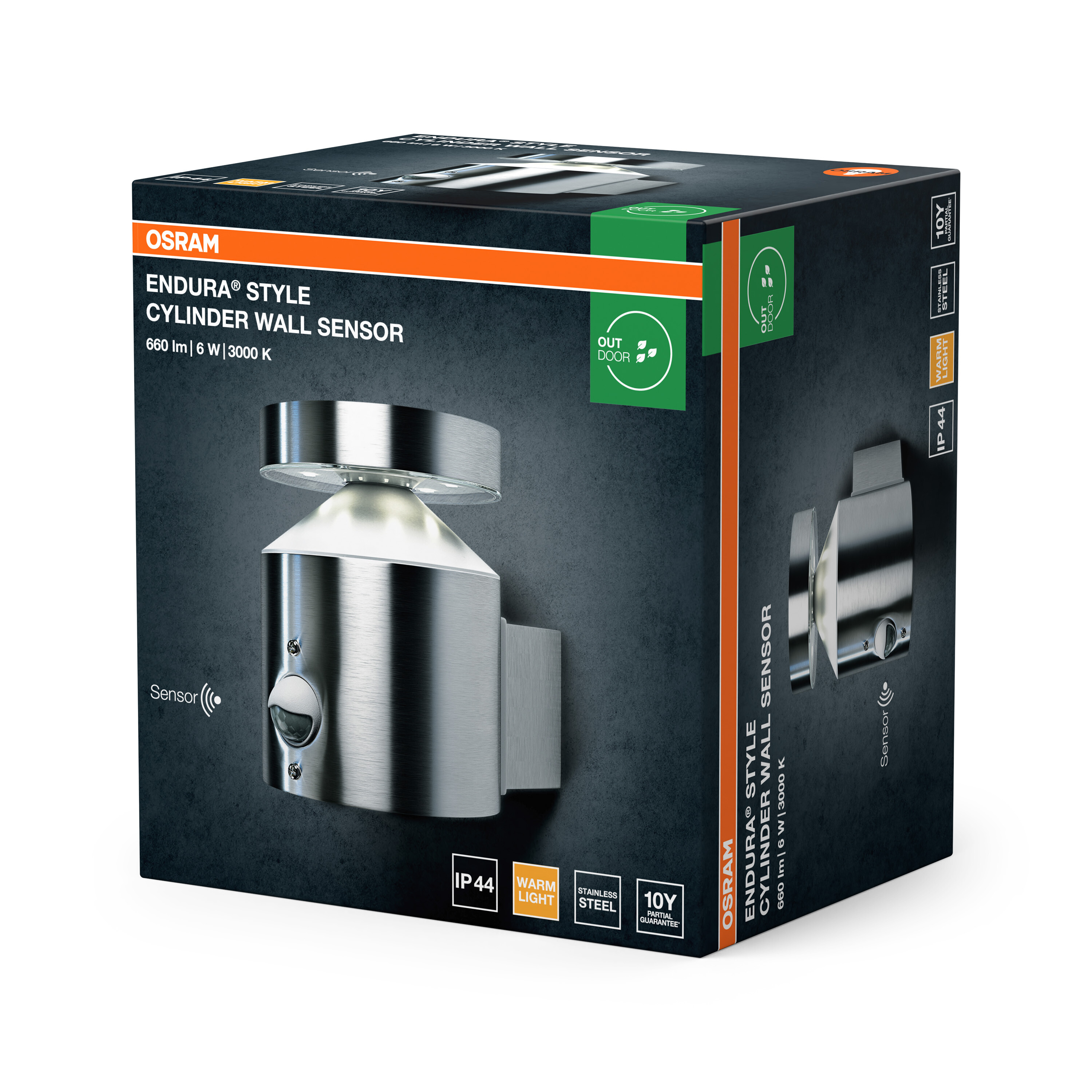 Verpackung einer Osram Endura Style Wandleuchte mit Sensor.