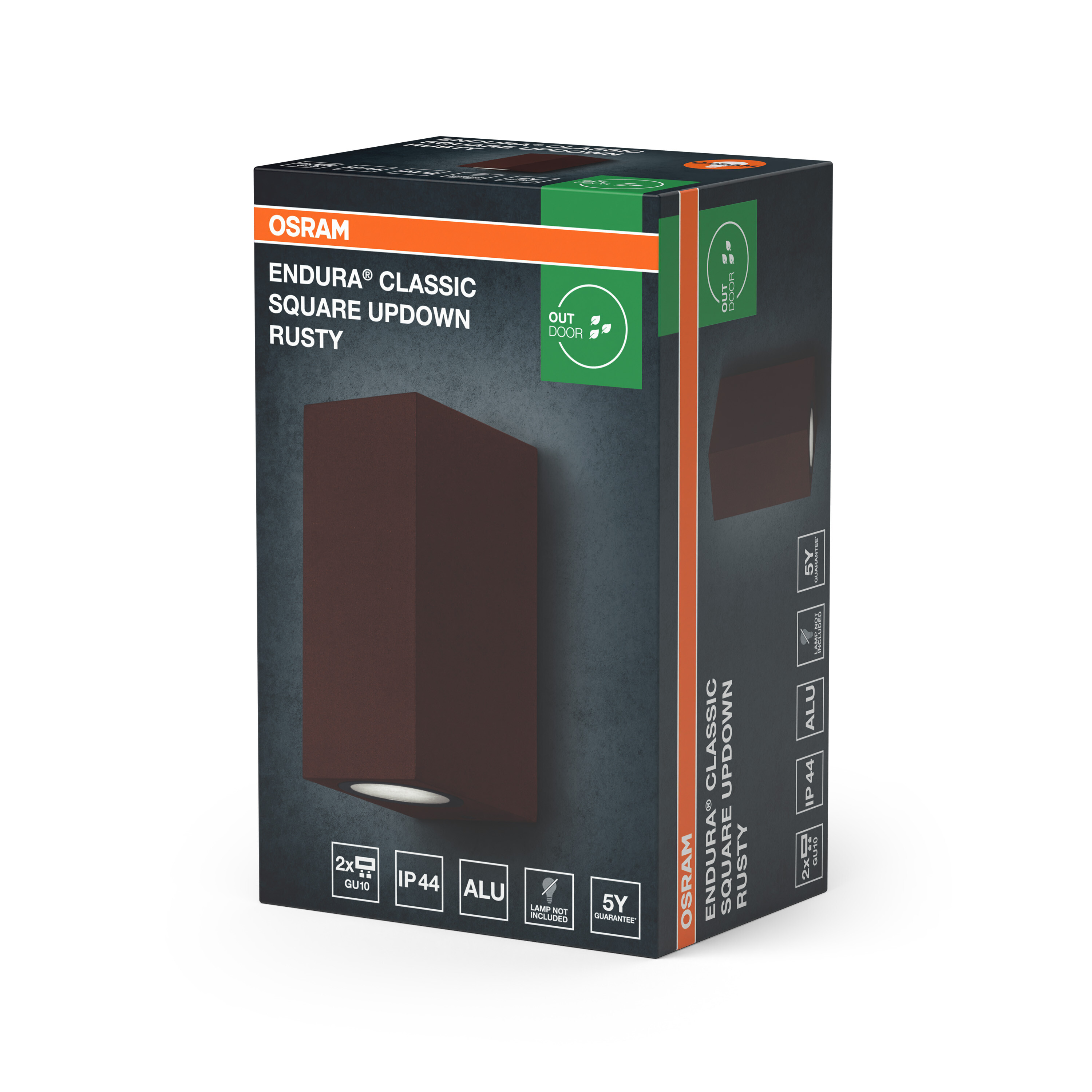 OSRAM Endura Classic Square Updown Rusty Lichtverpackung. Mit GU10, IP44, ALU, 5 Jahre Garantie.
