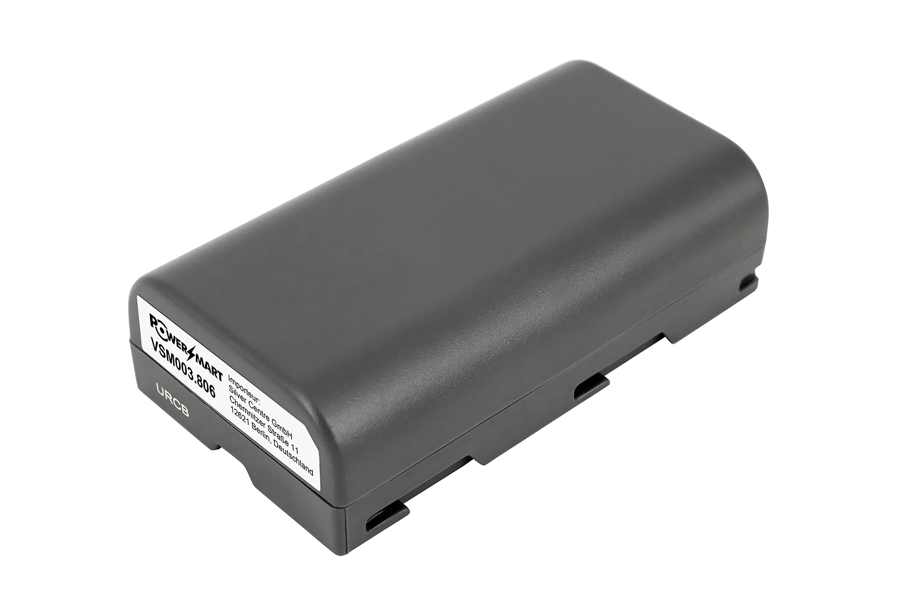 Ein grauer Akku mit weißem Etikett, Modell VSM003.806.