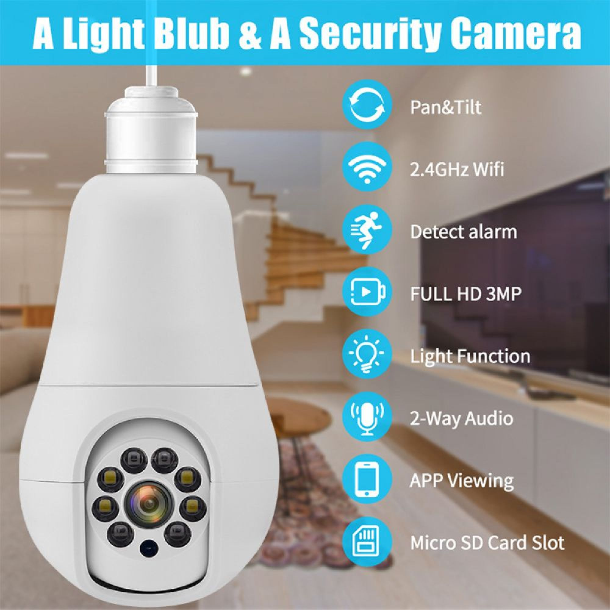Eine Glühbirnen-Sicherheitskamera mit Schwenk-/Neige-, WLAN-, Alarm-, 3MP-HD-, Licht- & Audiofunktionen.