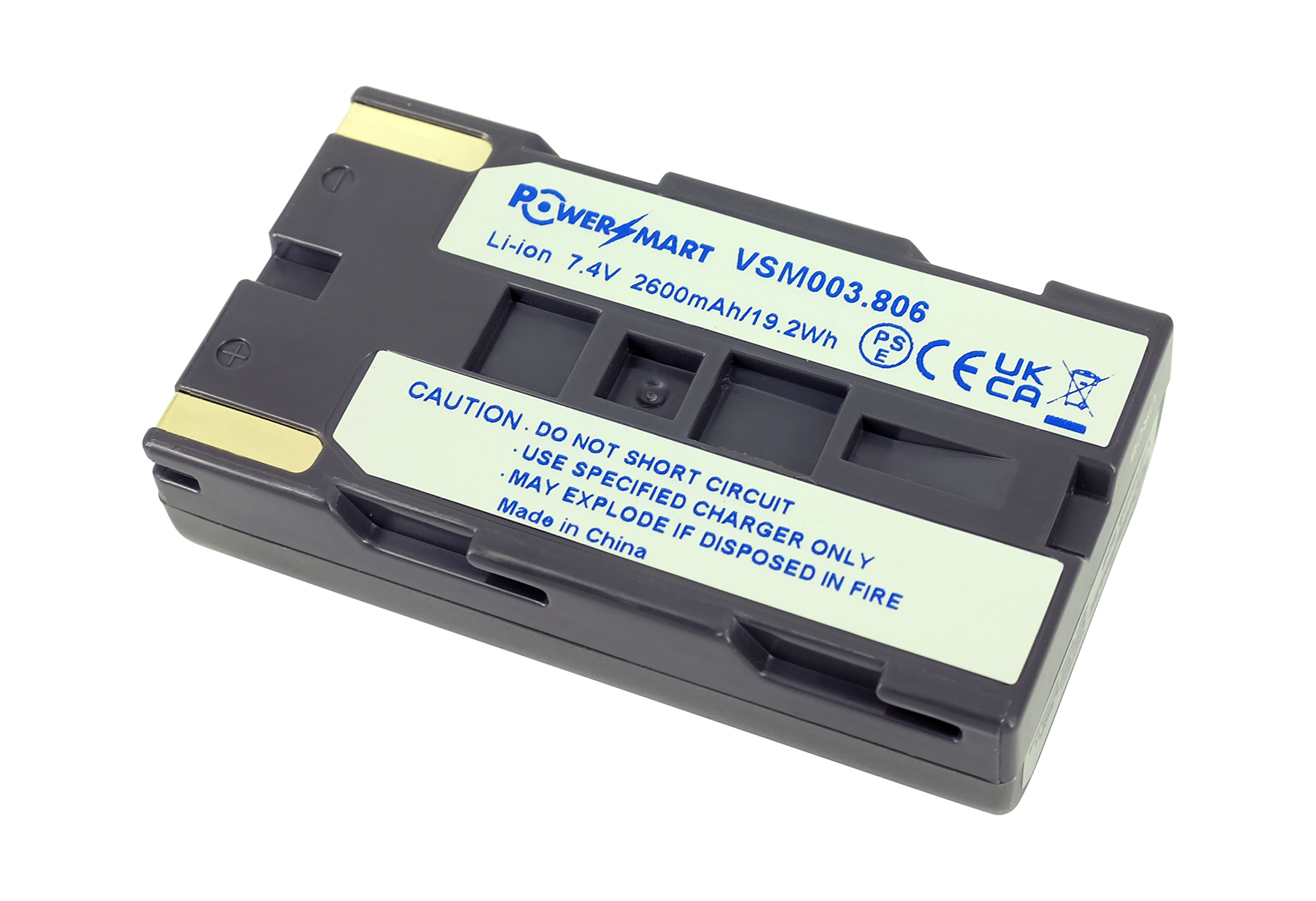 Dunkelgrauer Akku mit Labels. Li-ion 7.4V 2600mAh. Vorsichtshinweise aufgedruckt.