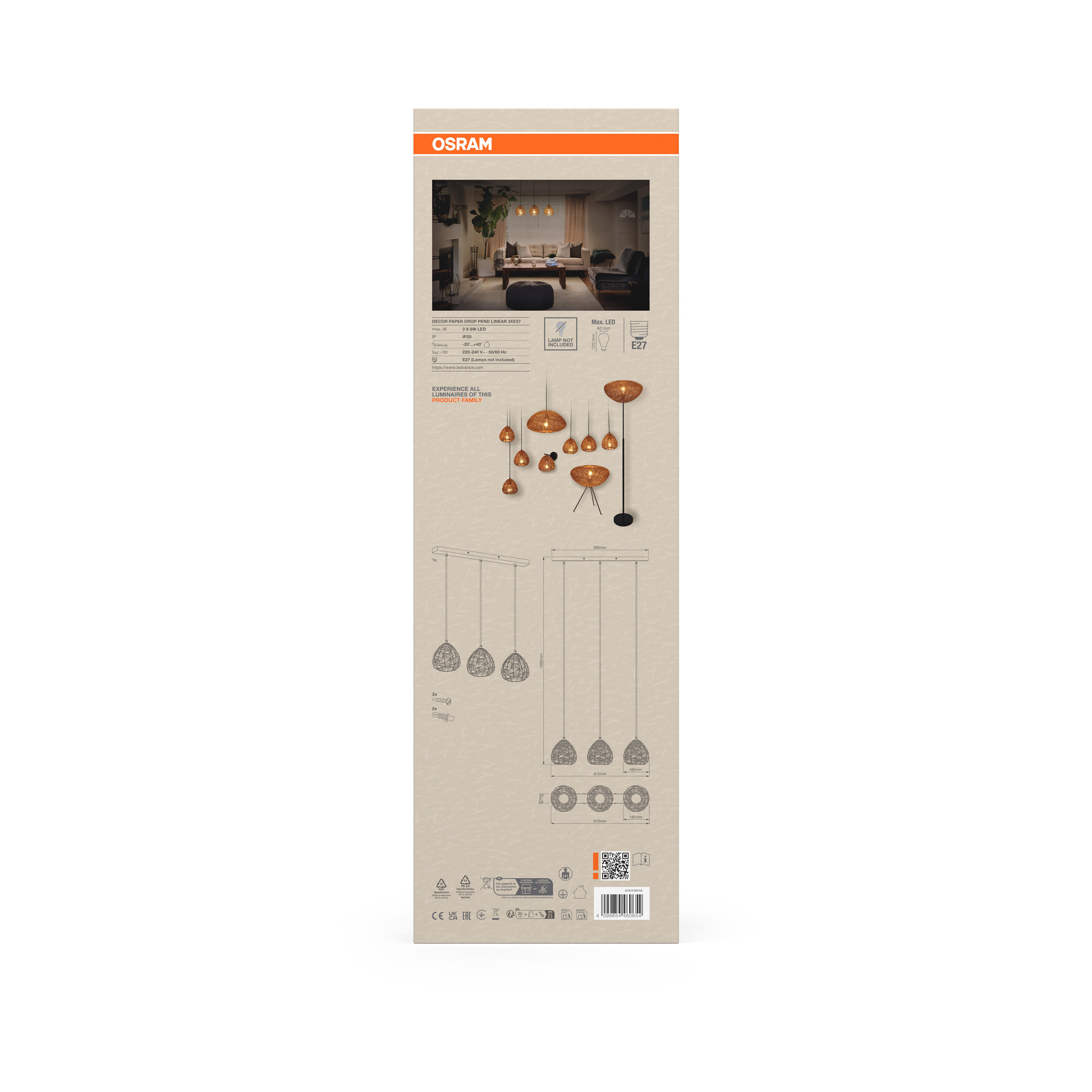 Osram Produktverpackung mit technischen Details und Abbildungen von Hänge- und Stehleuchten.