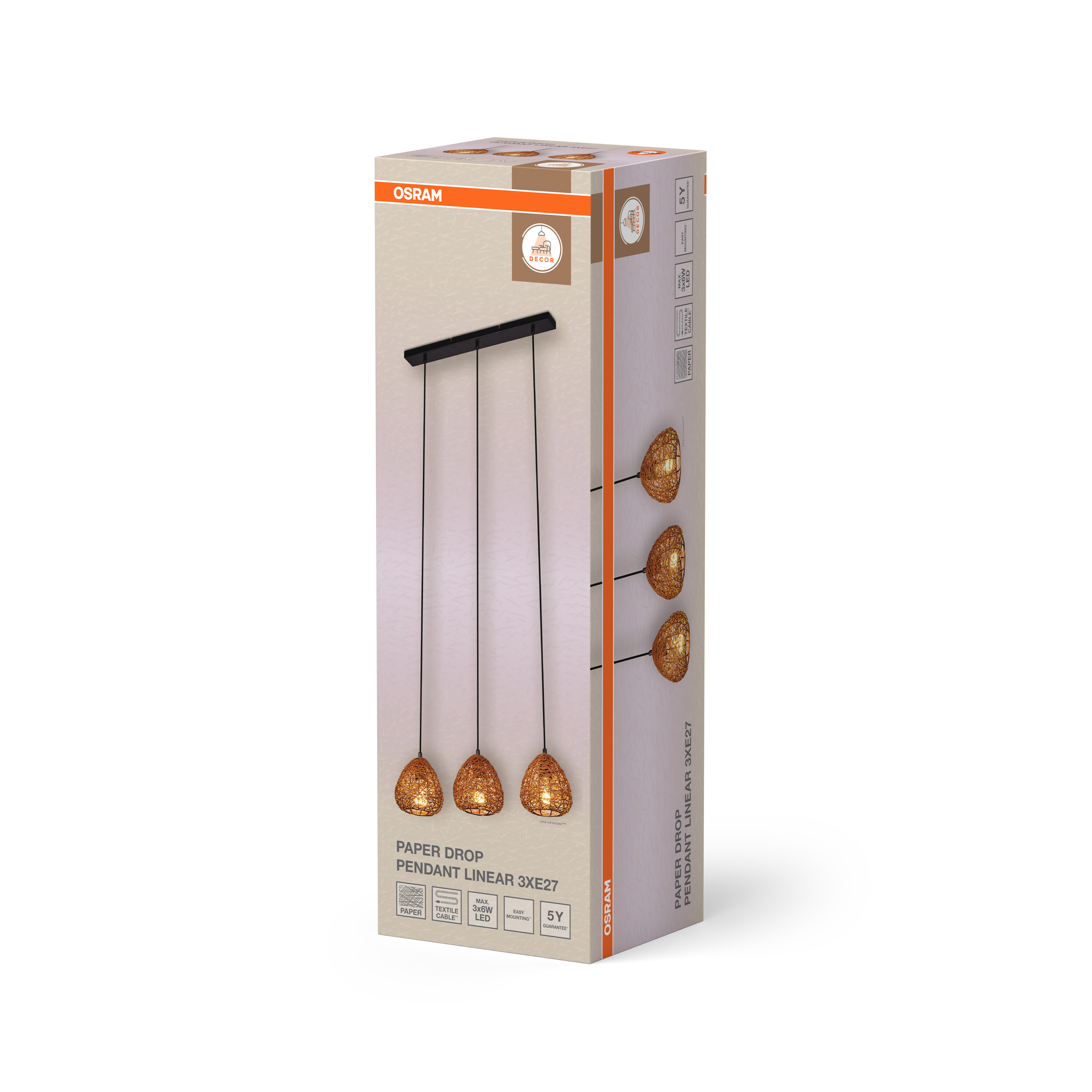 Osram Papier-Hängeleuchte mit 3 Lampenschirmen aus Papier und Textilkabeln.