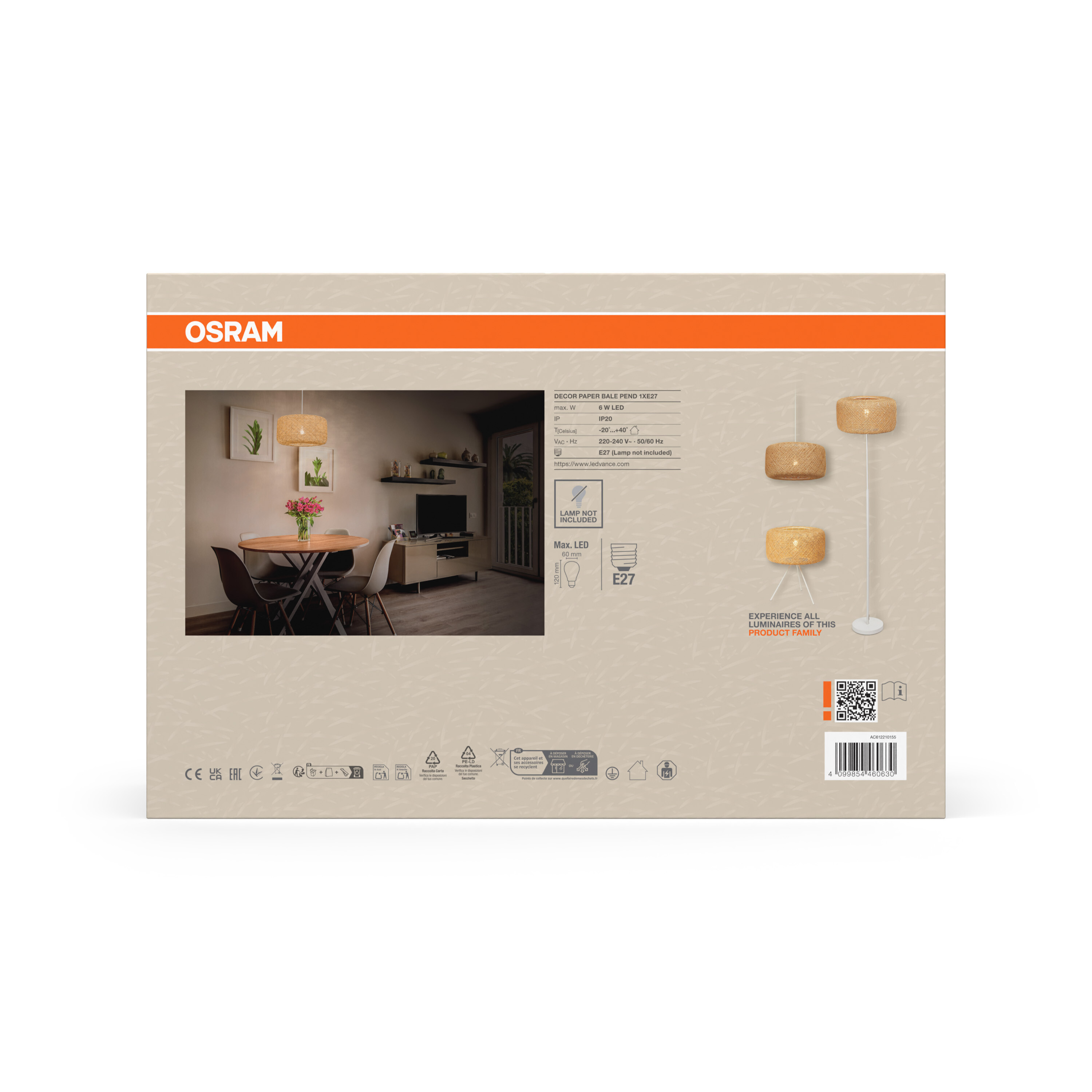 OSRAM Produktverpackung mit einem Bild eines Wohnzimmers und Produktdetails.