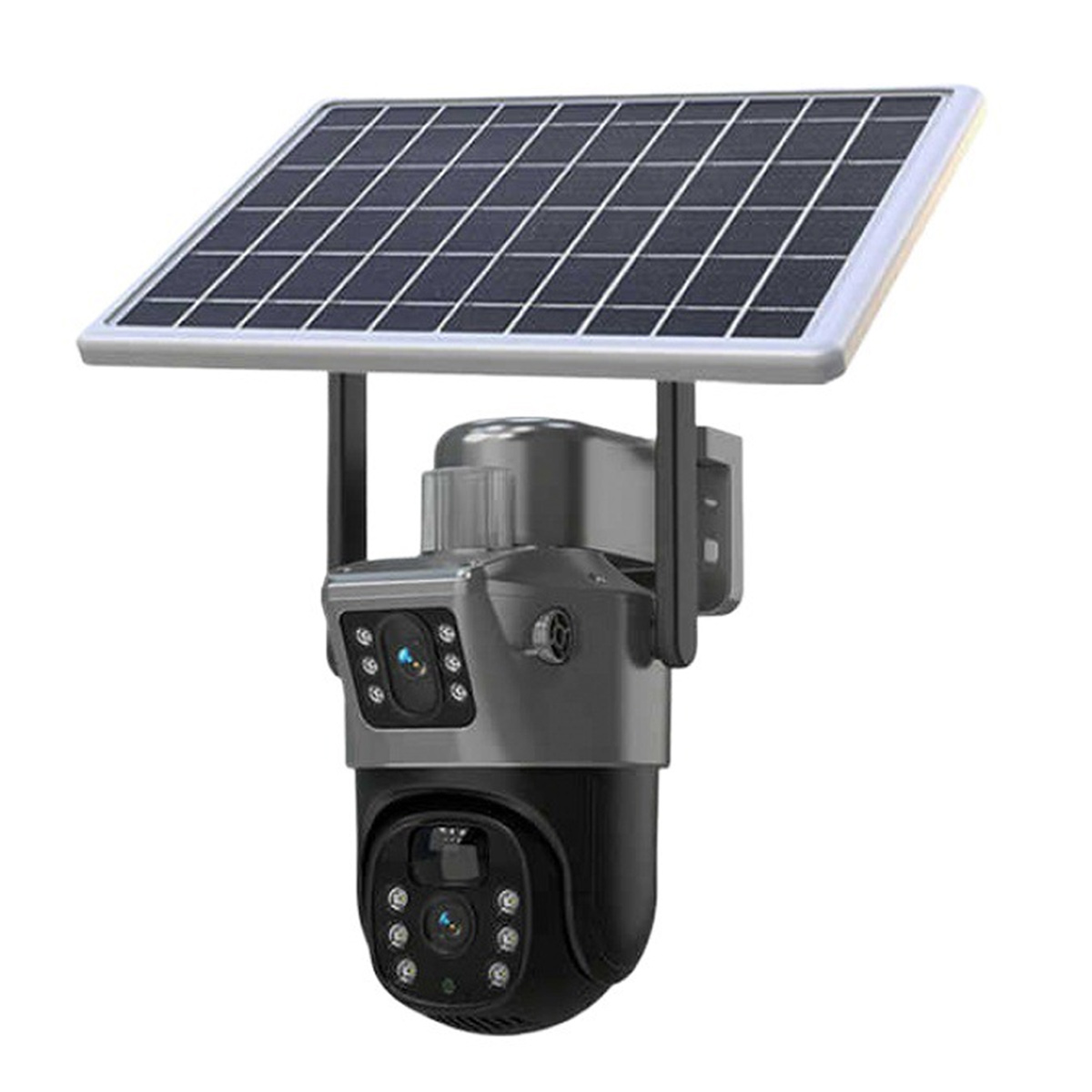 Eine Überwachungskamera mit Solarmodul, silbernes Gehäuse, schwarzer unterer Teil.