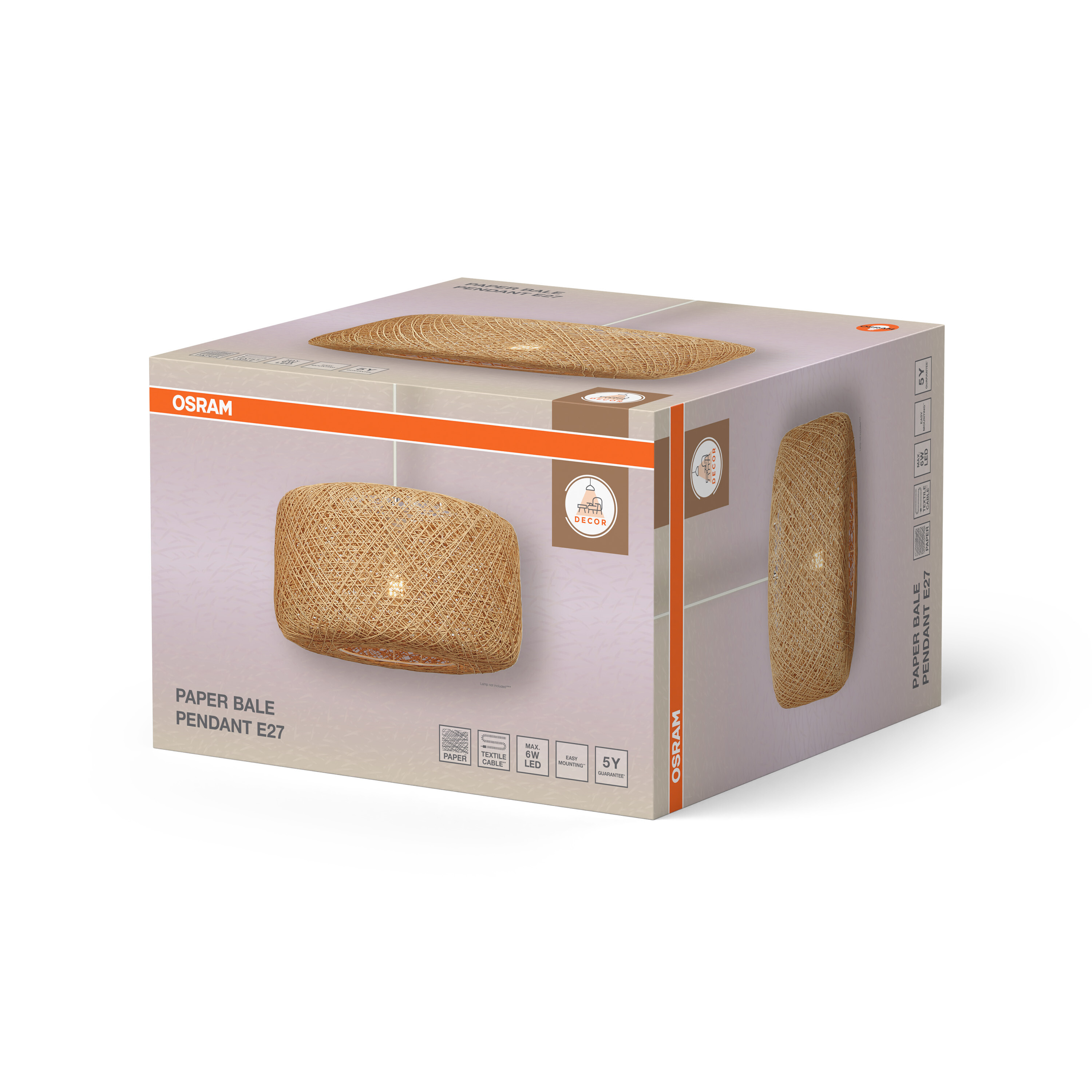 Verpackung mit Osram Papier Pendelleuchte E27, 5 Jahre Garantie.
