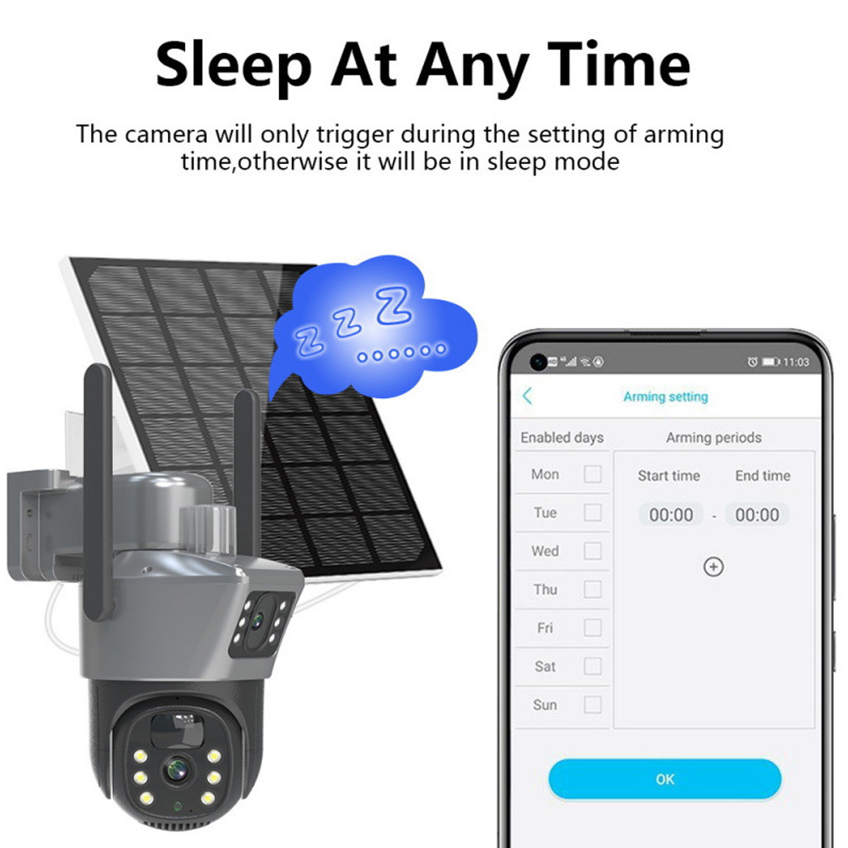 Überwachungskamera mit Solarpanel und Smartphone-App für Zeiteinstellungen.