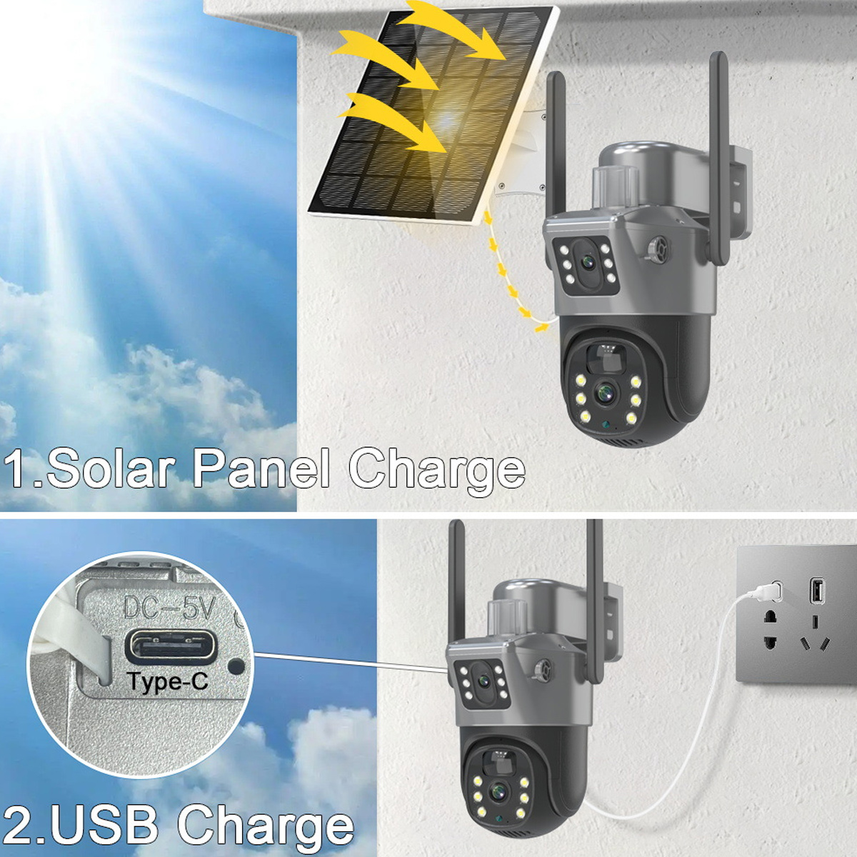 Überwachungskamera mit Solarpanel- und USB-Ladeoptionen an einer Wand.