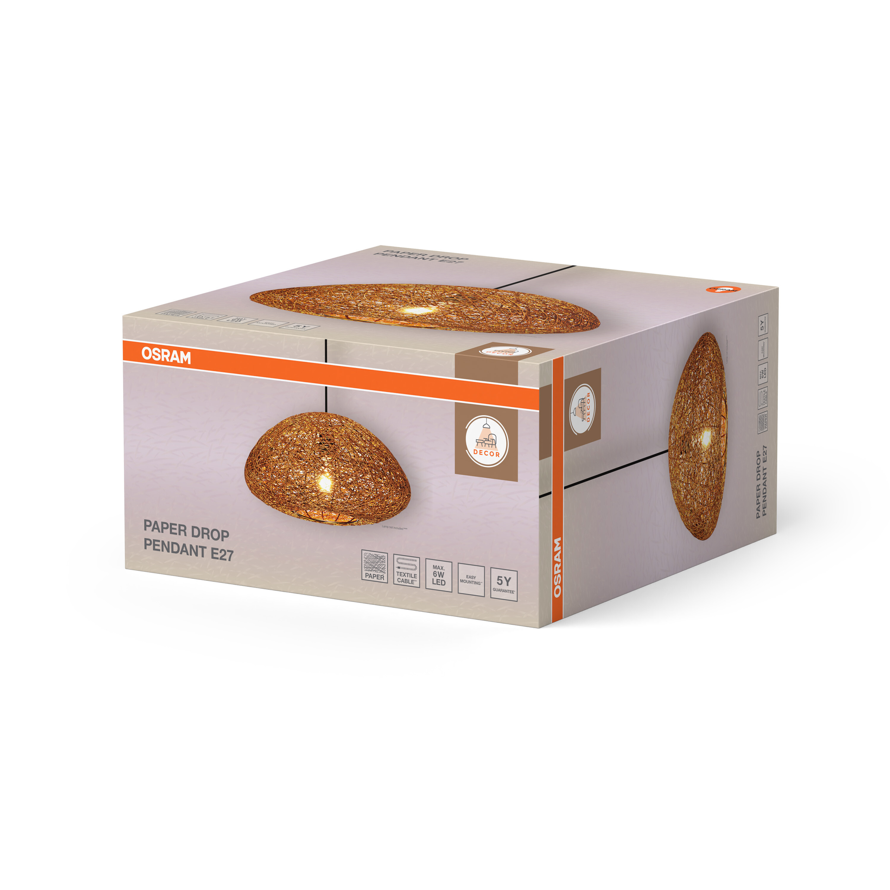 Osram Papier-Pendelleuchte E27 im Karton mit Produktabbildung.
