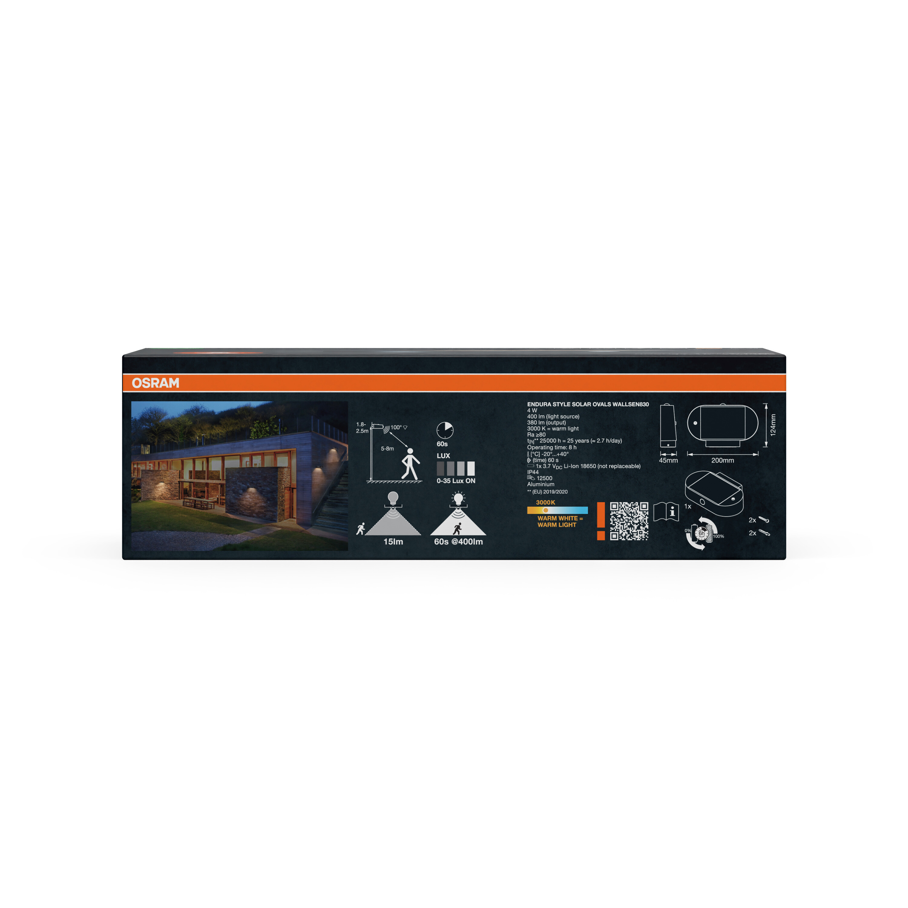 Osram Solar Wandleuchte mit techn. Details und Hausabbildung.