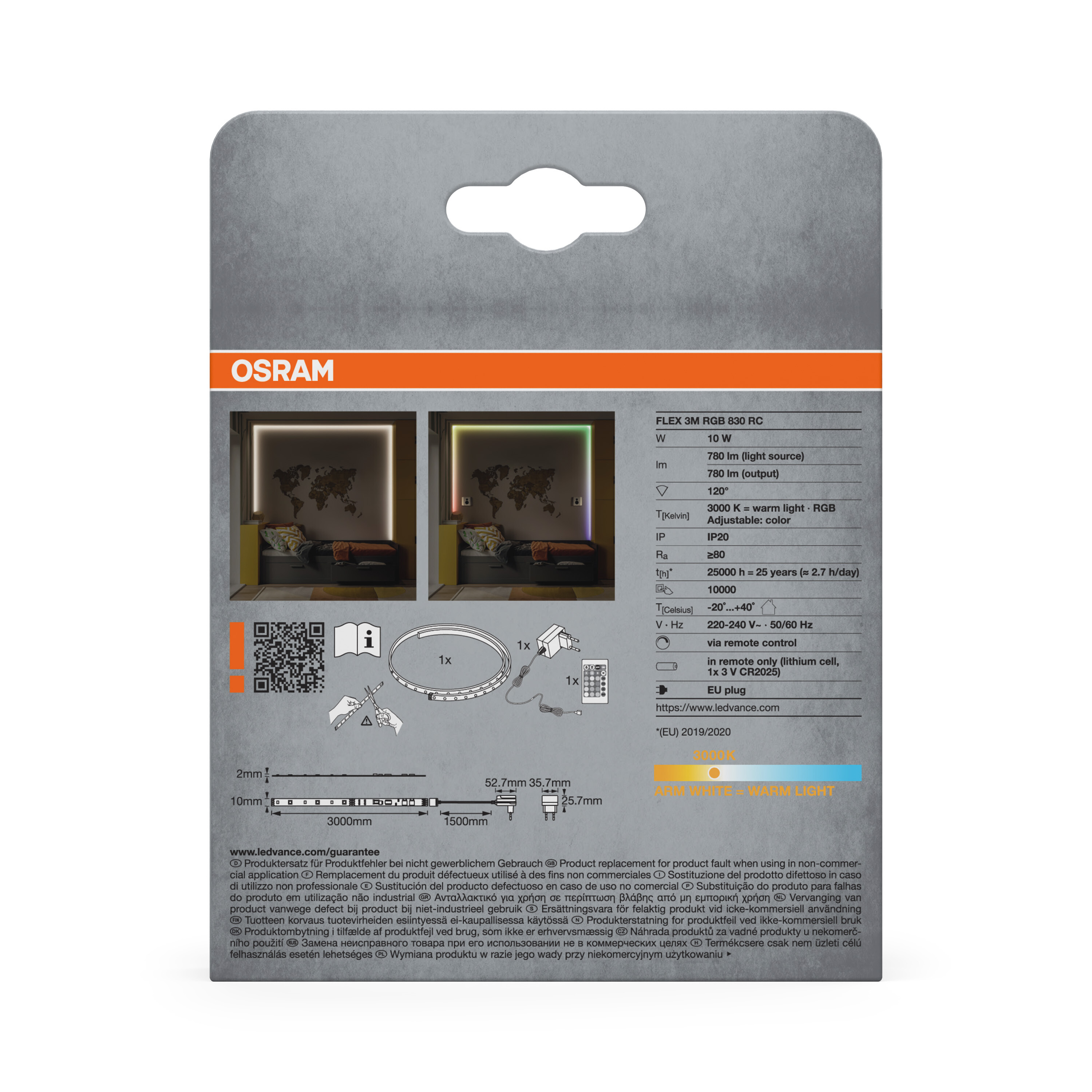 OSRAM LED-Streifen mit Fernbedienung und Netzteil auf grauem Hintergrund.