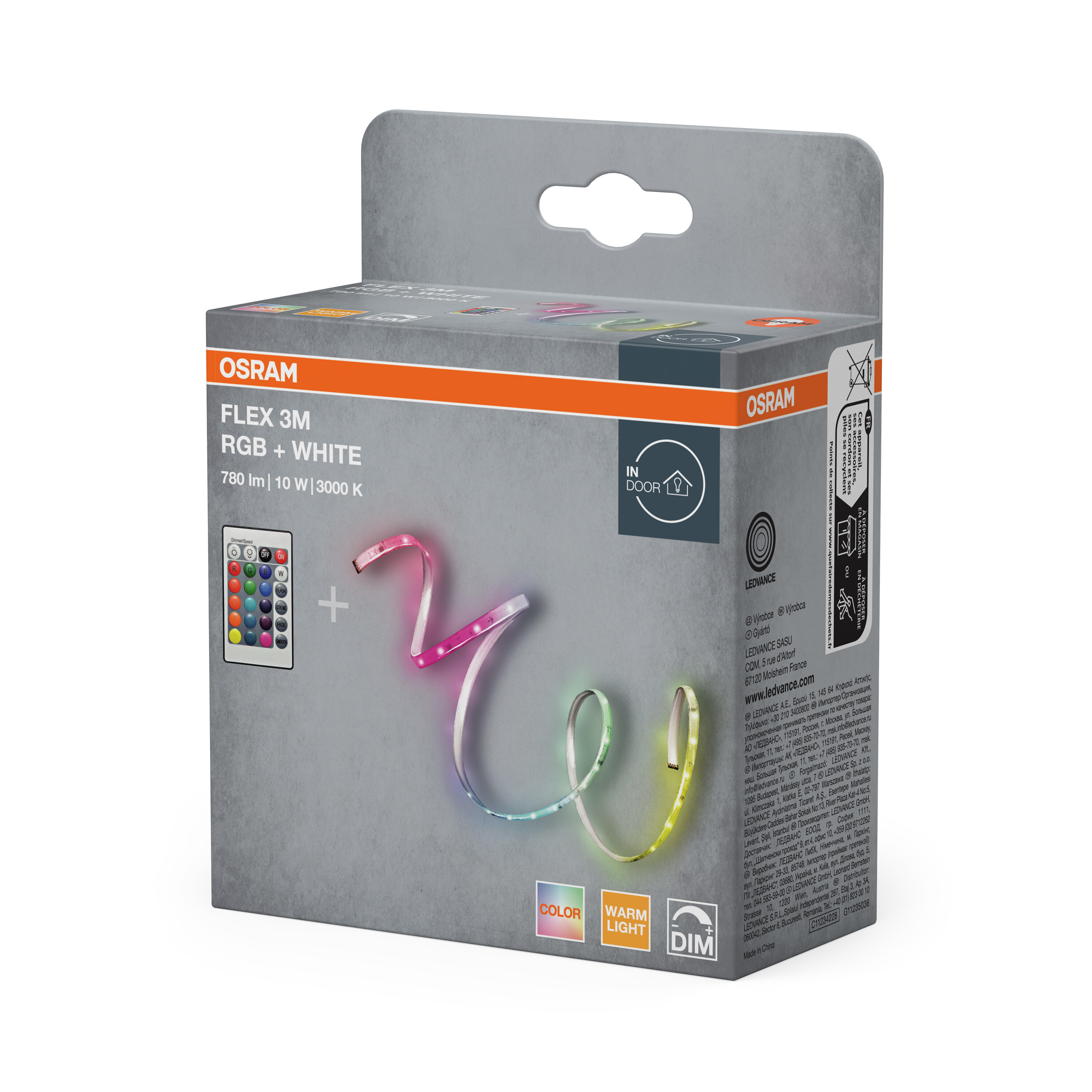 OSRAM Flex 3M RGB+White LED-Streifen-Verpackung mit Fernbedienung und Farbmuster.