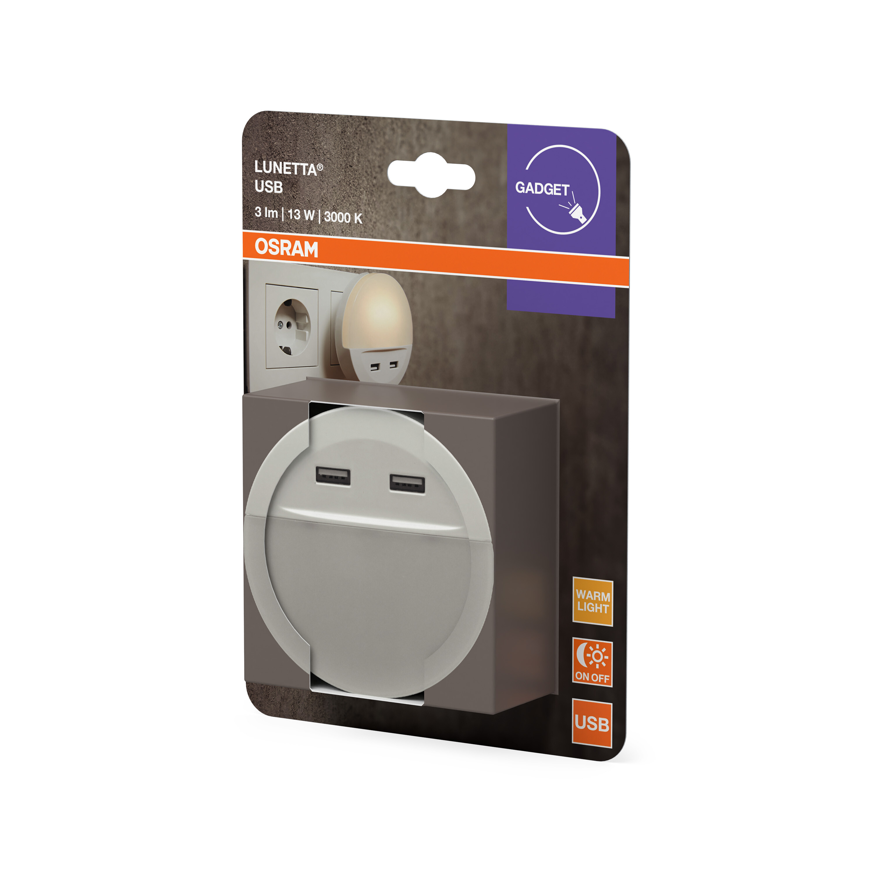 Osram Lunetta USB-Nachtlicht mit zwei USB-Anschlüssen und warmem Licht.