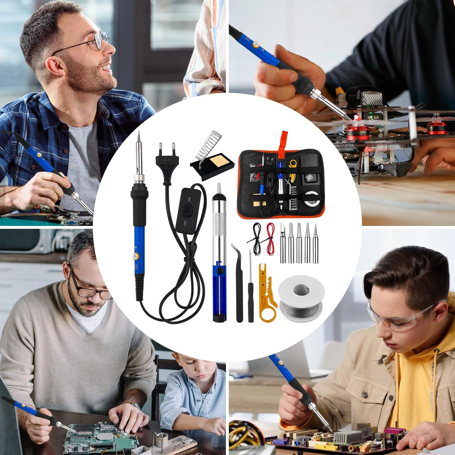 Collage von Menschen, die Lötkolben zur Elektronikreparatur verwenden, und ein Lötset.