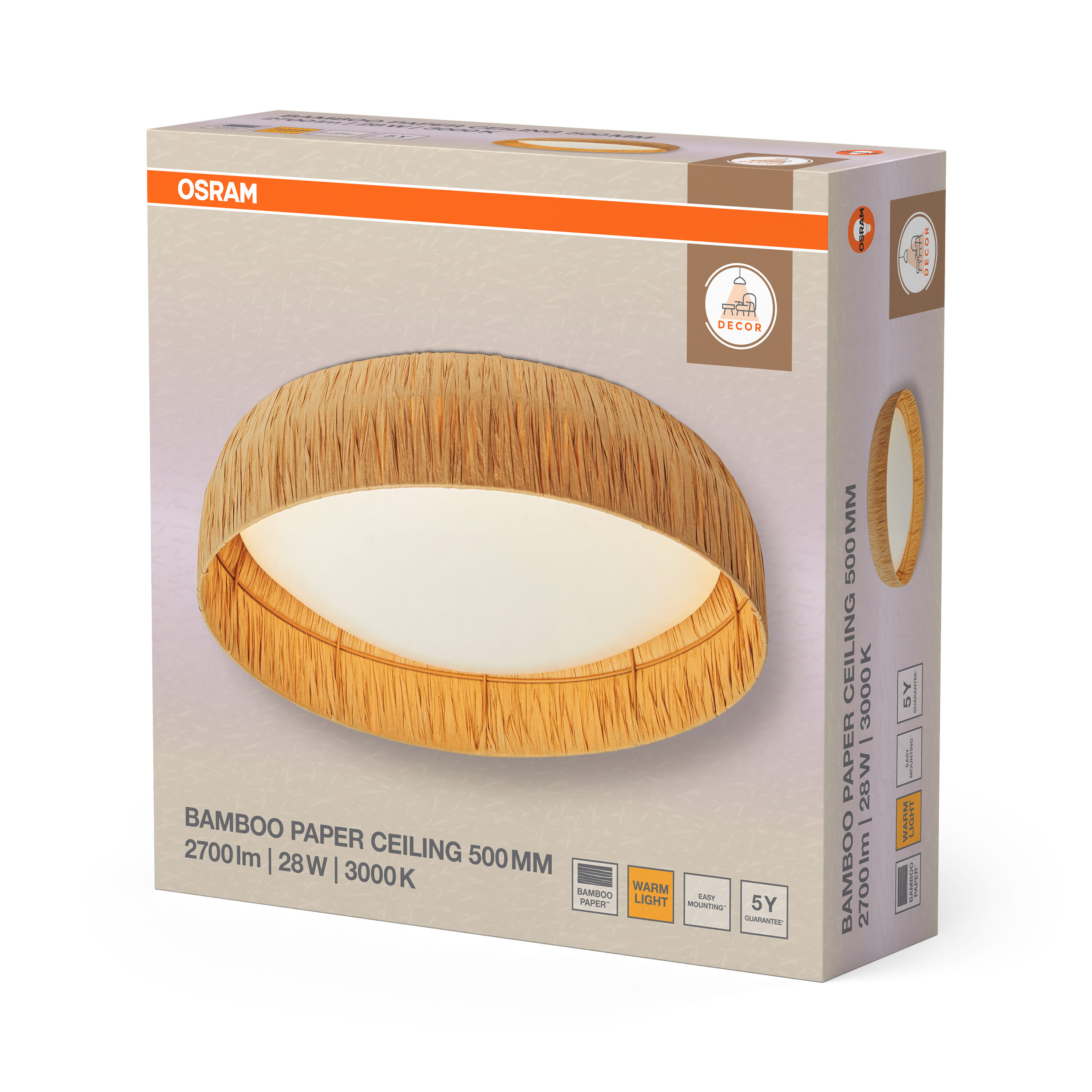 Osram Bambuspapier Deckenleuchte 500 mm, 2700 lm, 28 W, 3000 K, Warmlicht.