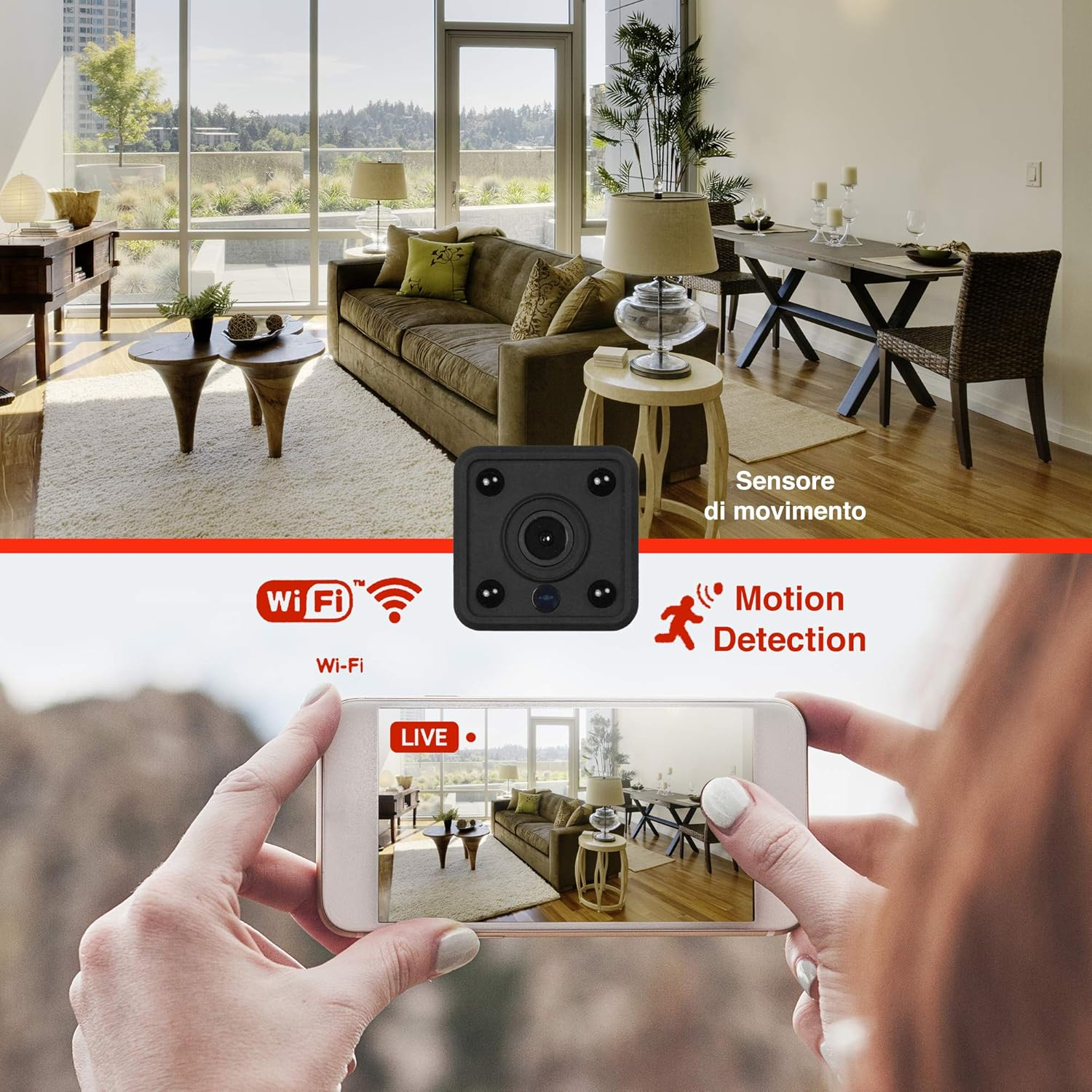 Kameraansicht eines Wohnzimmers mit Sofa und Esstisch, gesteuert per Smartphone.