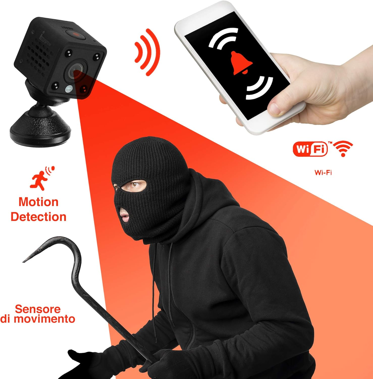 Mini-Kamera, Einbrecher mit Brecheisen, Handy mit Alarm-App, WLAN-Symbol.