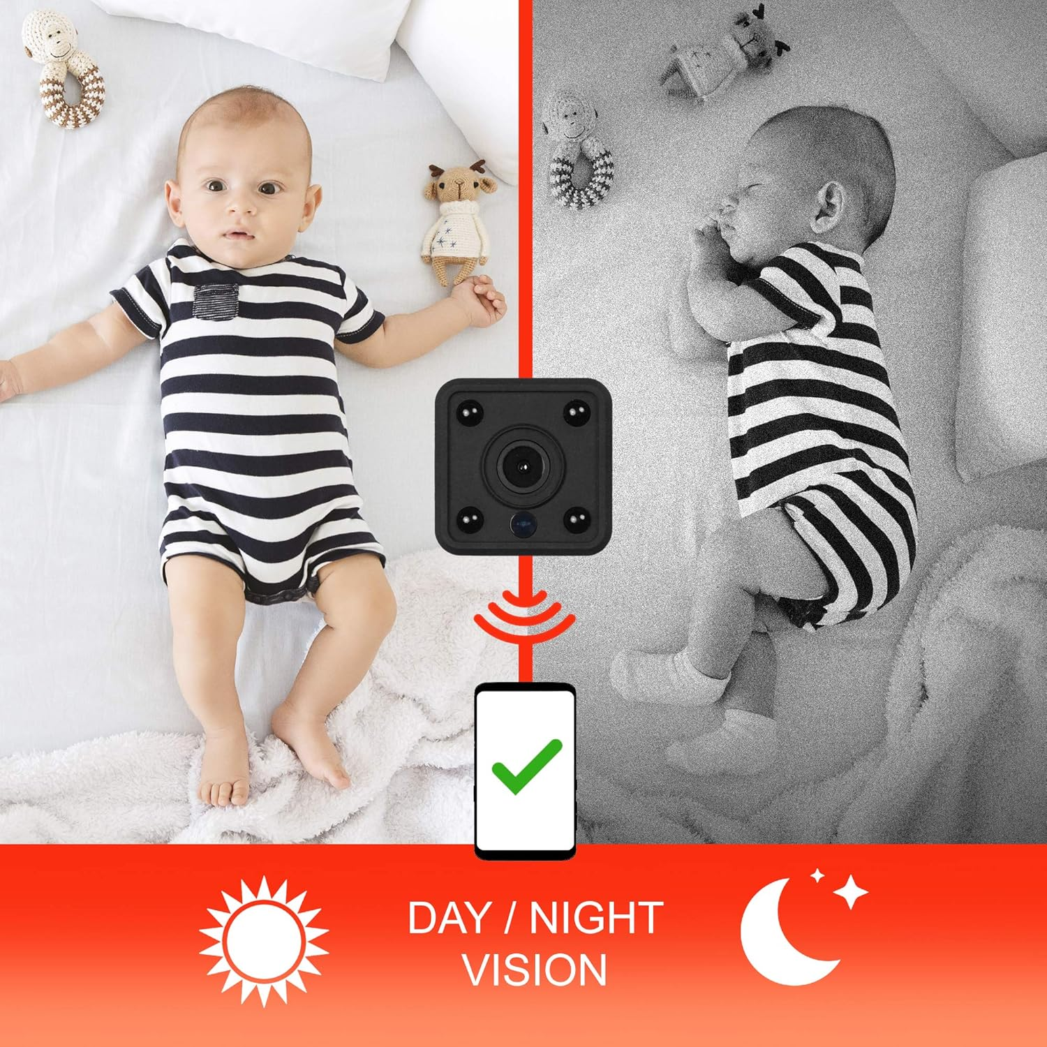Baby im Strampler liegt auf dem Bett, daneben eine Kamera. Tag- und Nachtsicht.