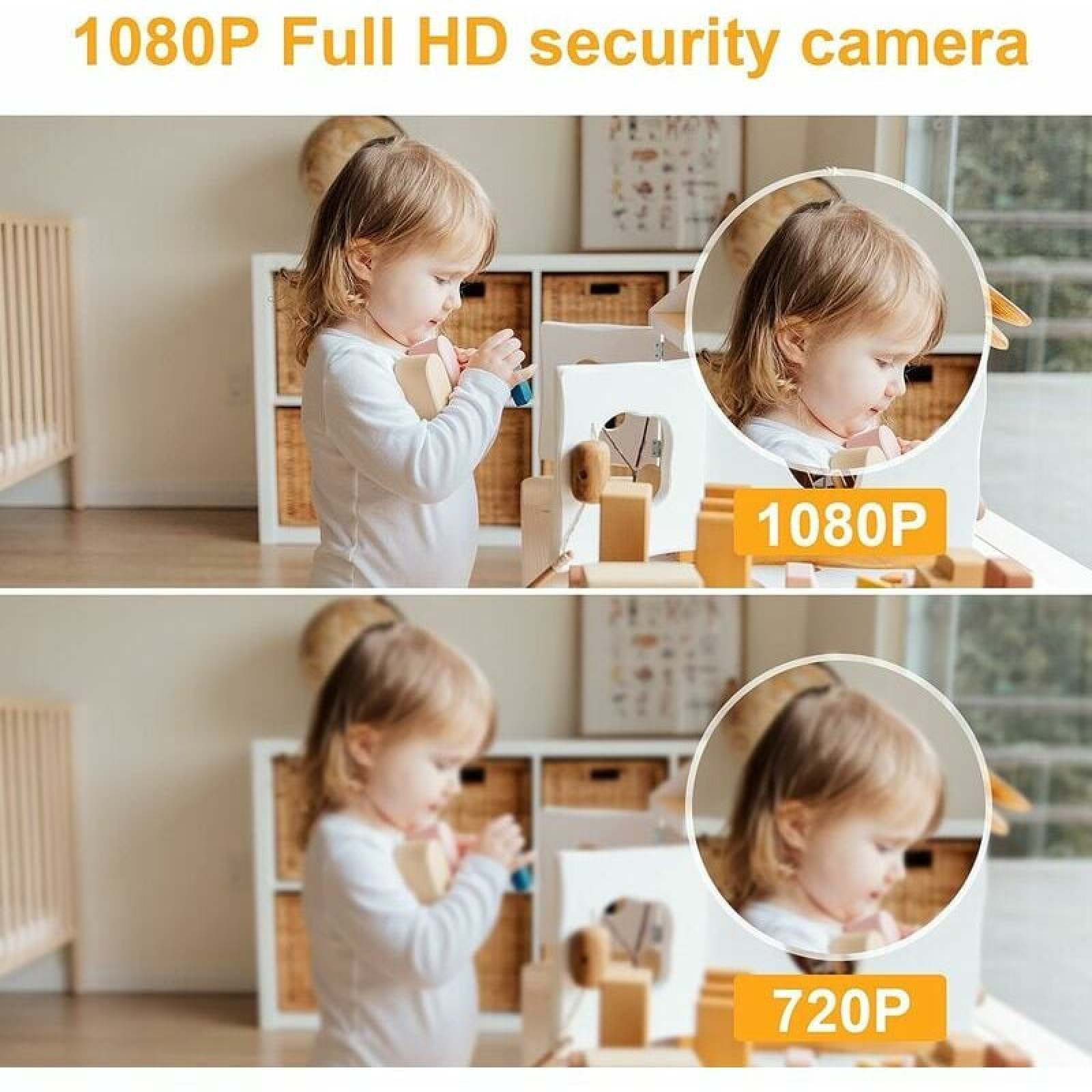 Ein Kleinkind spielt mit Holzbausteinen. Oben 1080p, unten 720p.