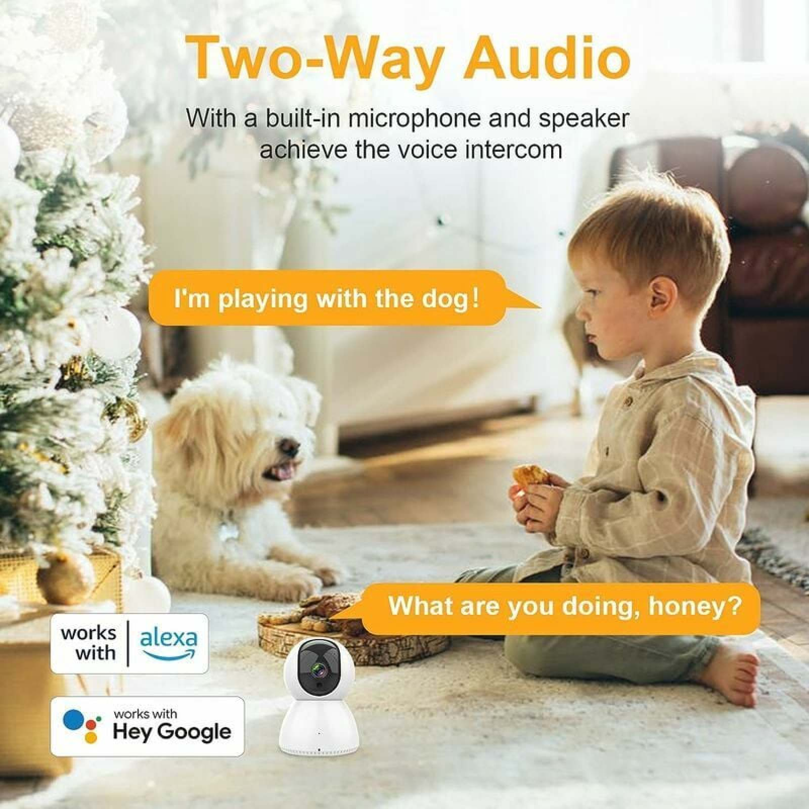 Ein Junge und ein Hund sitzen auf dem Boden. Zwei-Wege-Audio-Kamera.