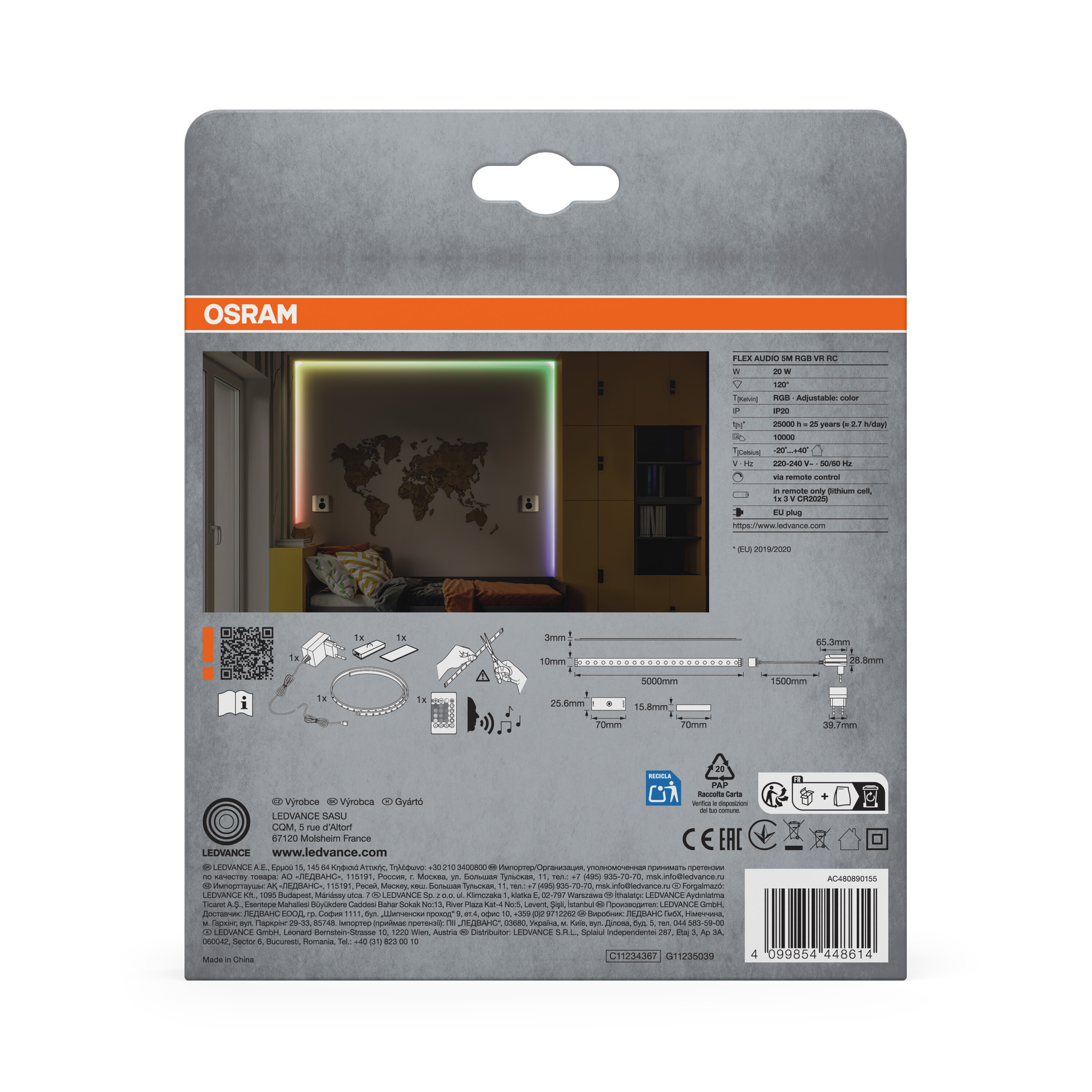 OSRAM LED-Streifen mit RGB-Farbwechsel und Fernbedienung, 5m lang.