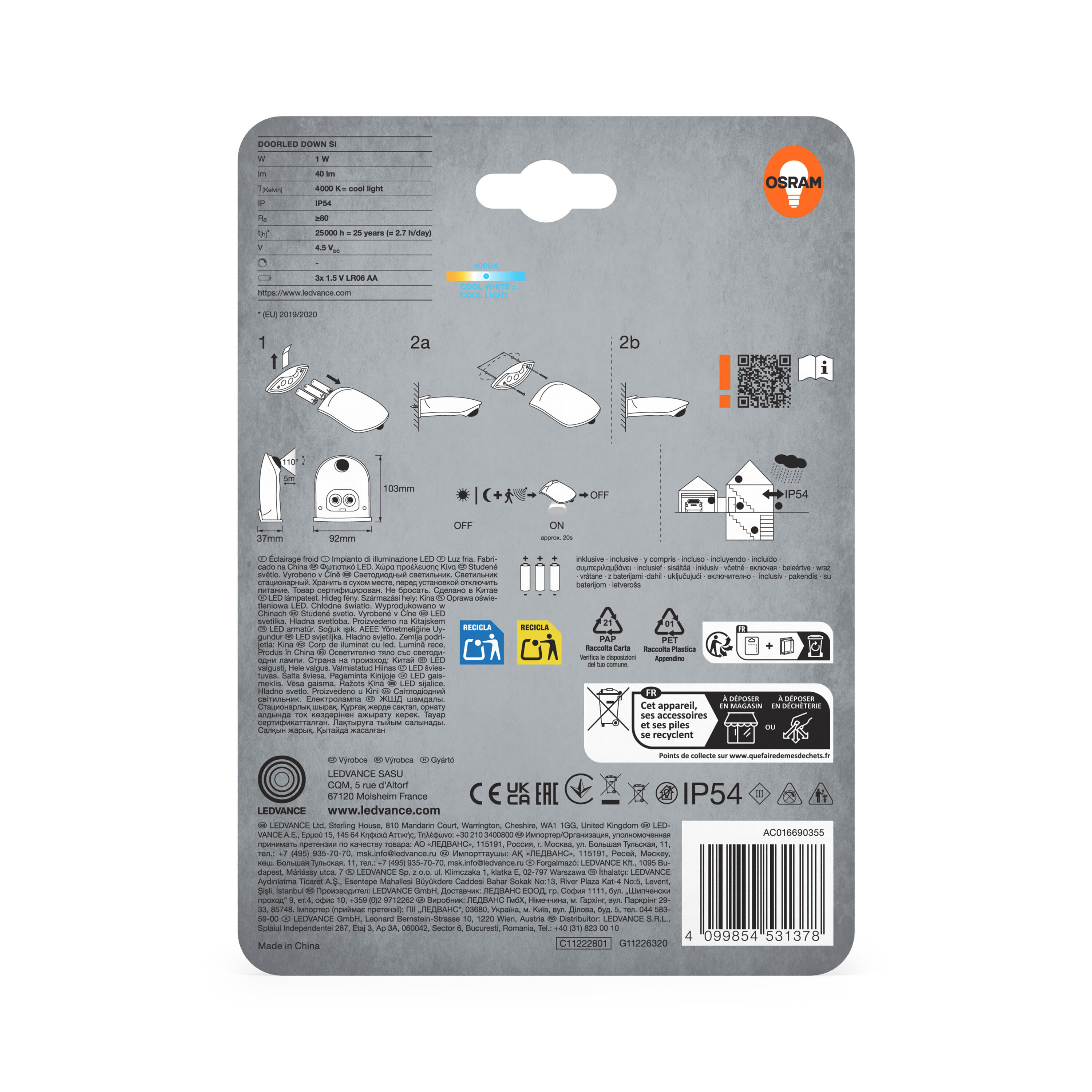 Osram LED-Leuchte mit technischen Daten und Montageanleitung.