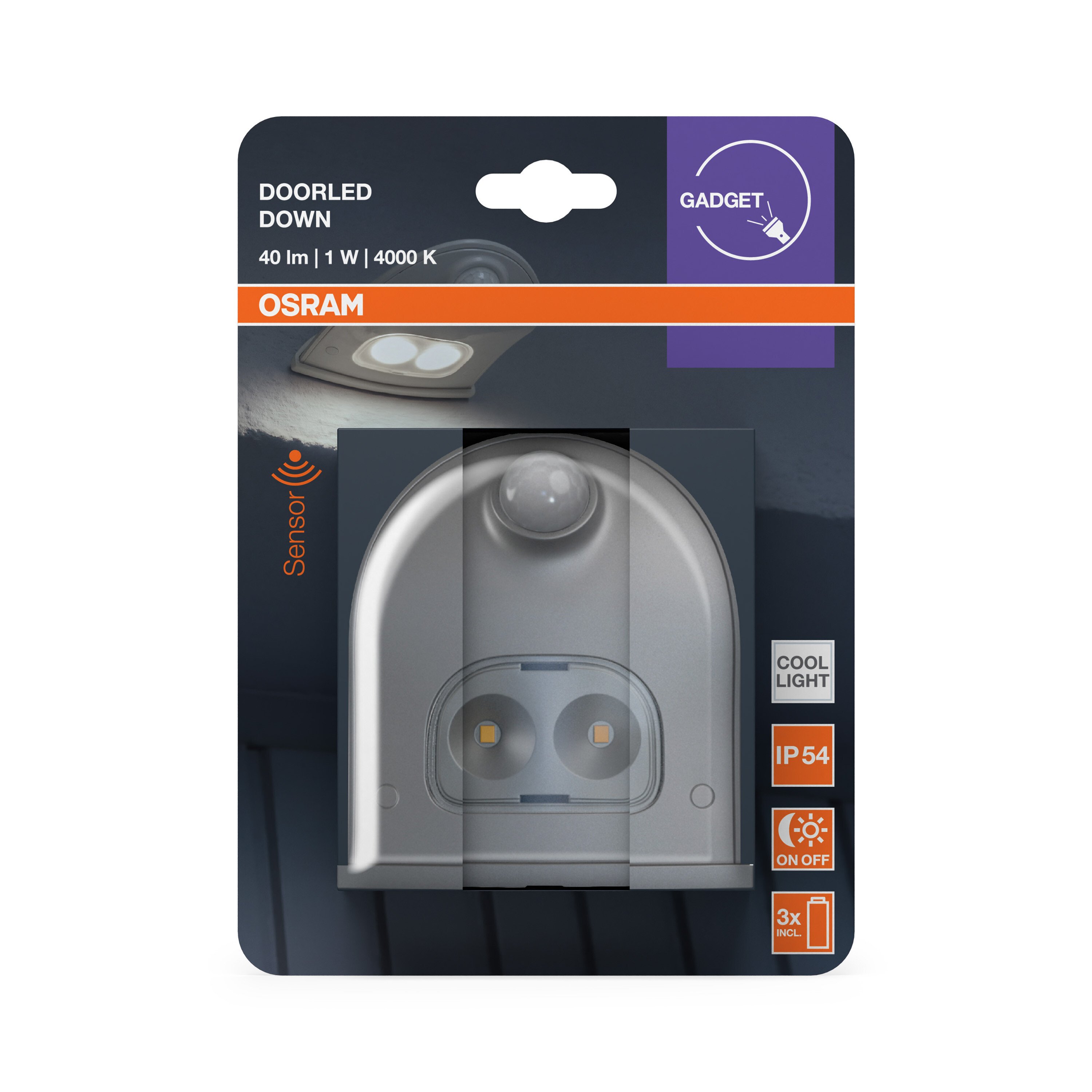 Verpackung mit OSRAM Sensor Leuchte, Modell DOORLED DOWN, IP54.