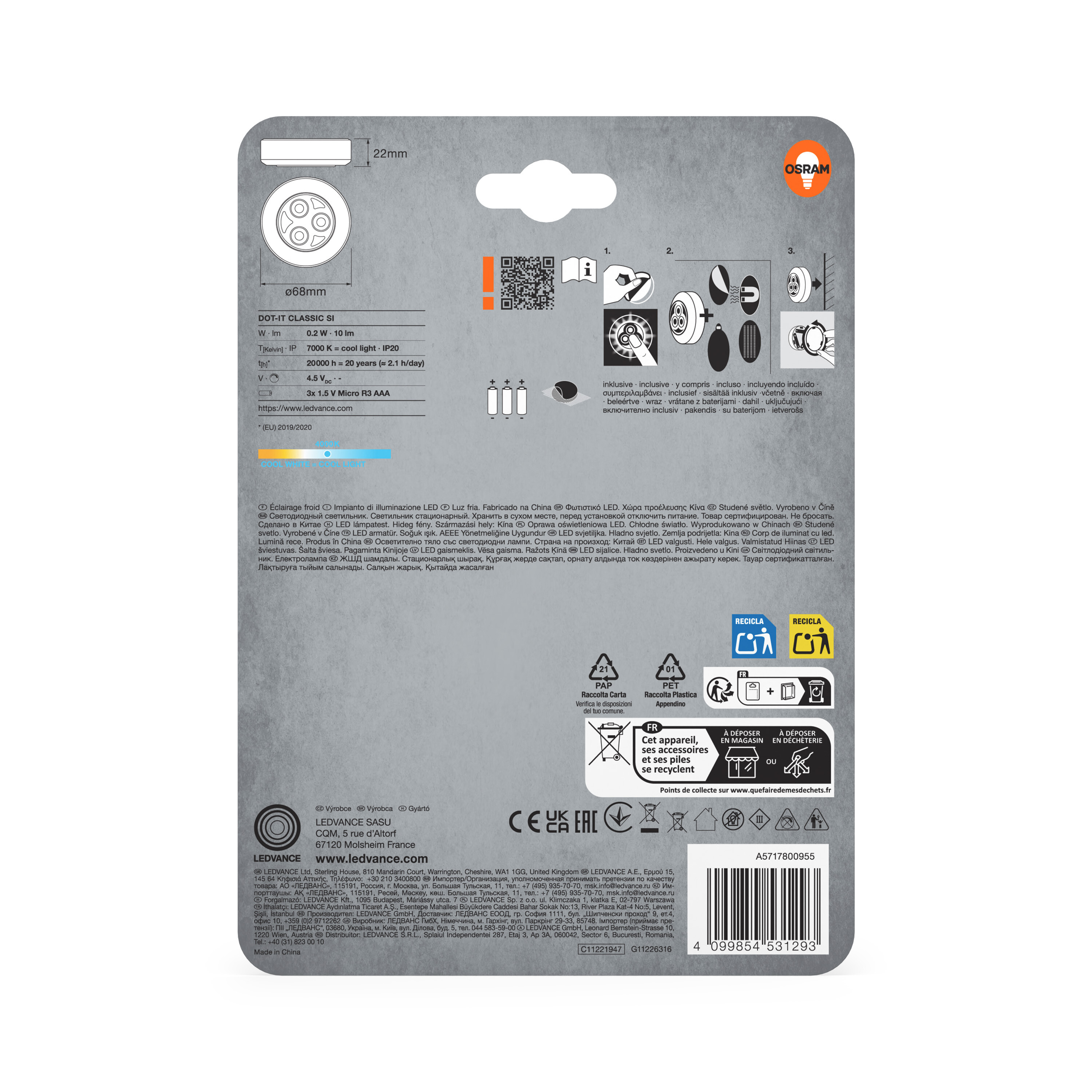 Verpackung für OSRAM DOT-IT CLASSIC SI LED-Leuchte mit Spezifikationen.