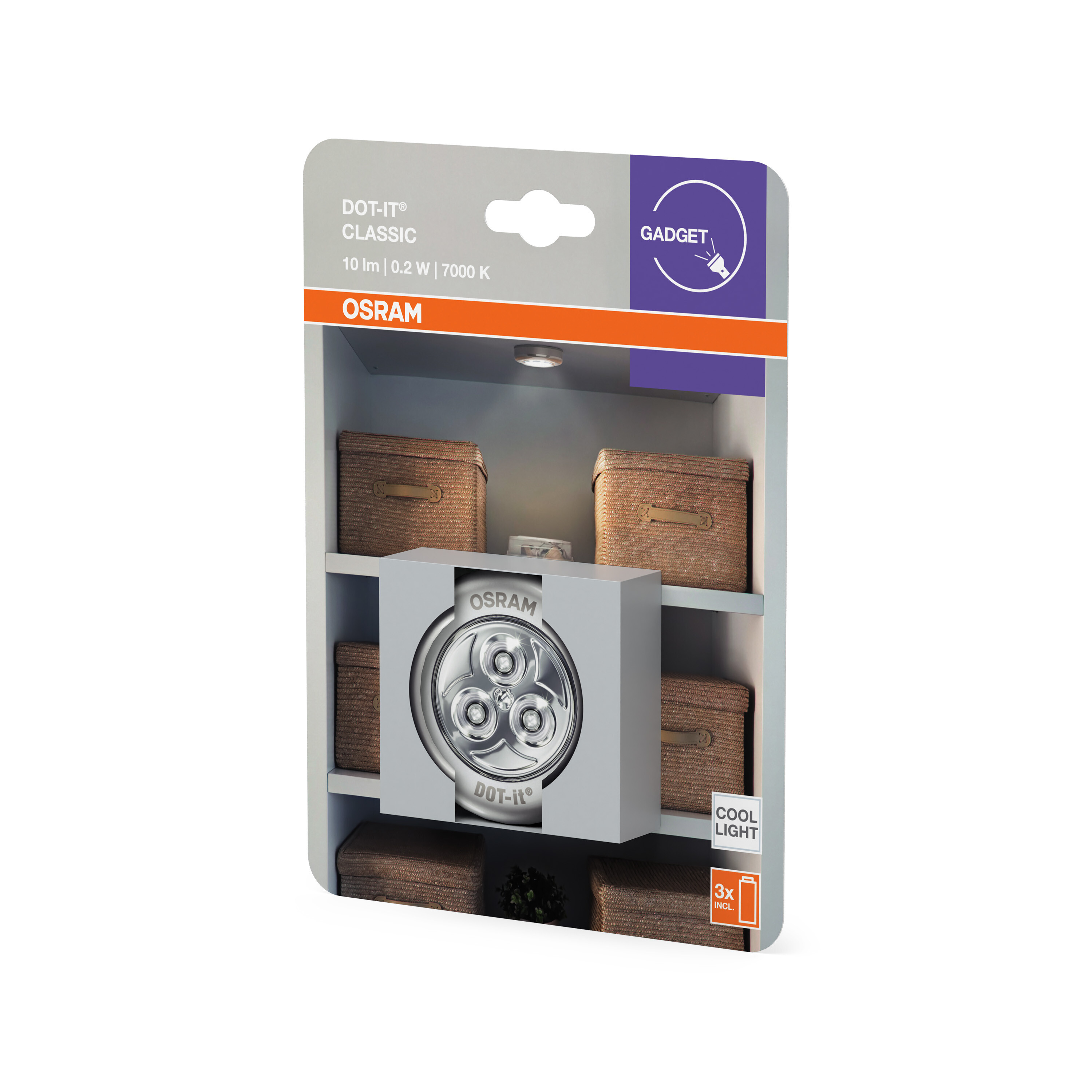 Osram DOT-IT Classic LED-Leuchte in Verpackung, mit Körben auf Regalen.