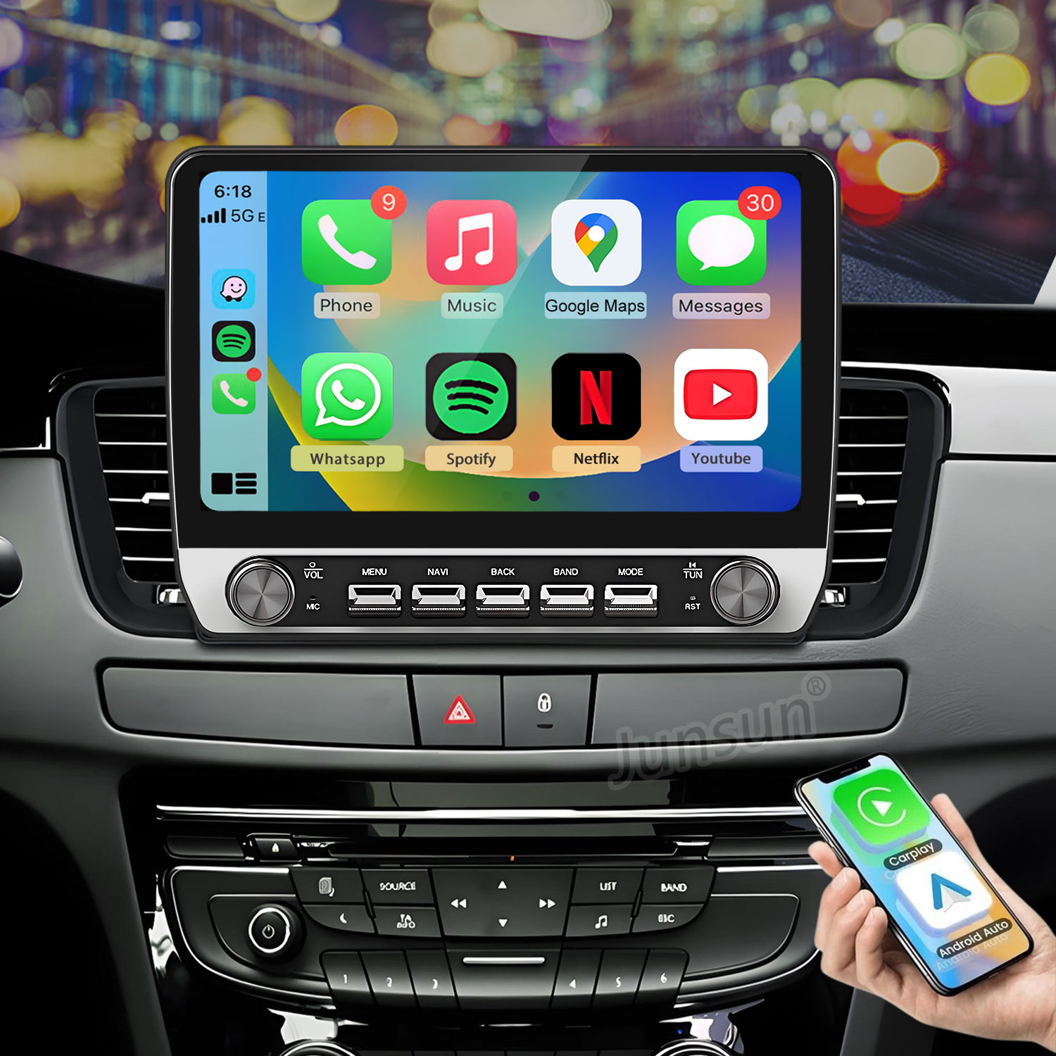 Ein Auto-Infotainmentsystem mit Apps und einem Smartphone, das CarPlay und Android Auto zeigt.