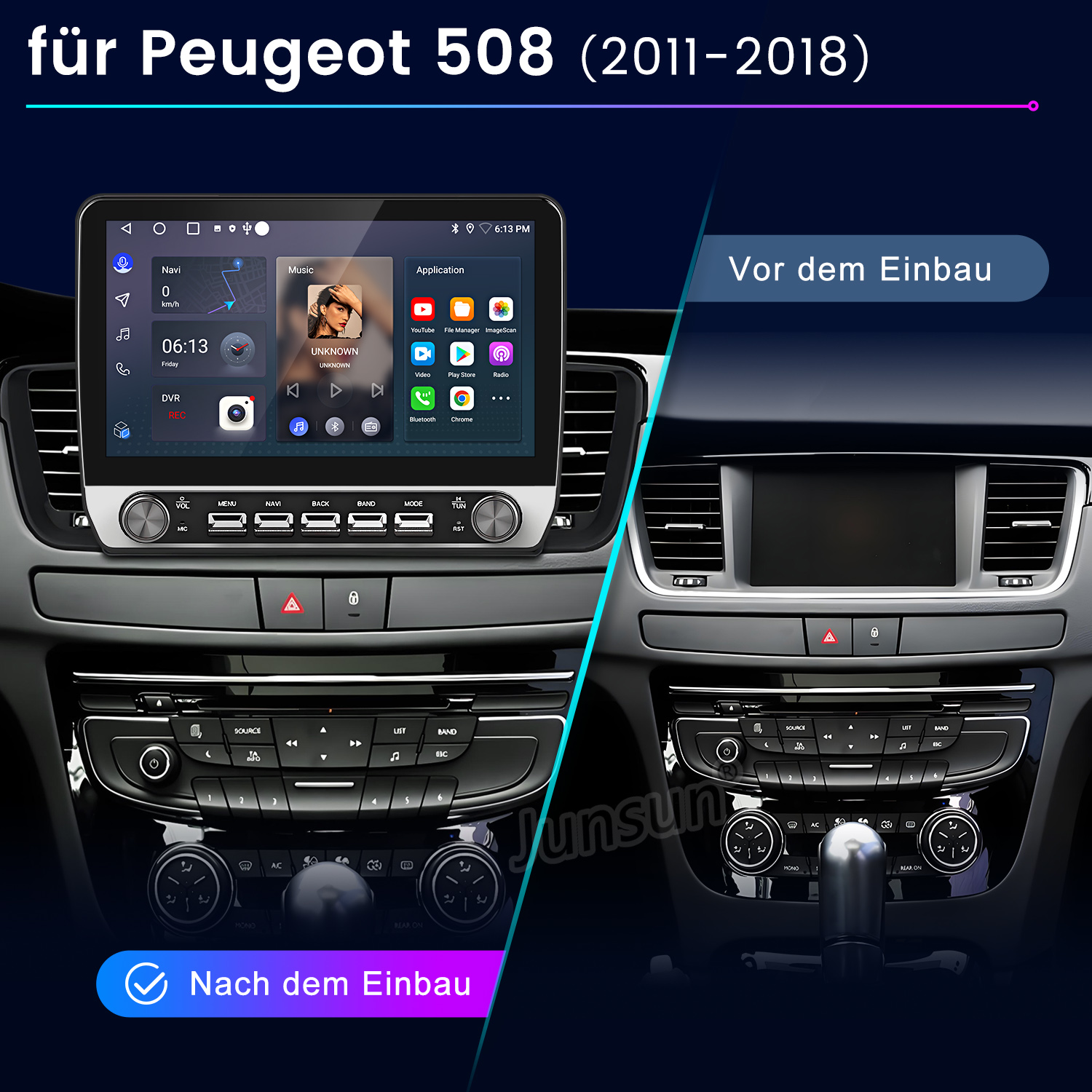 Bild zeigt ein Auto-Infotainmentsystem vor und nach der Installation.